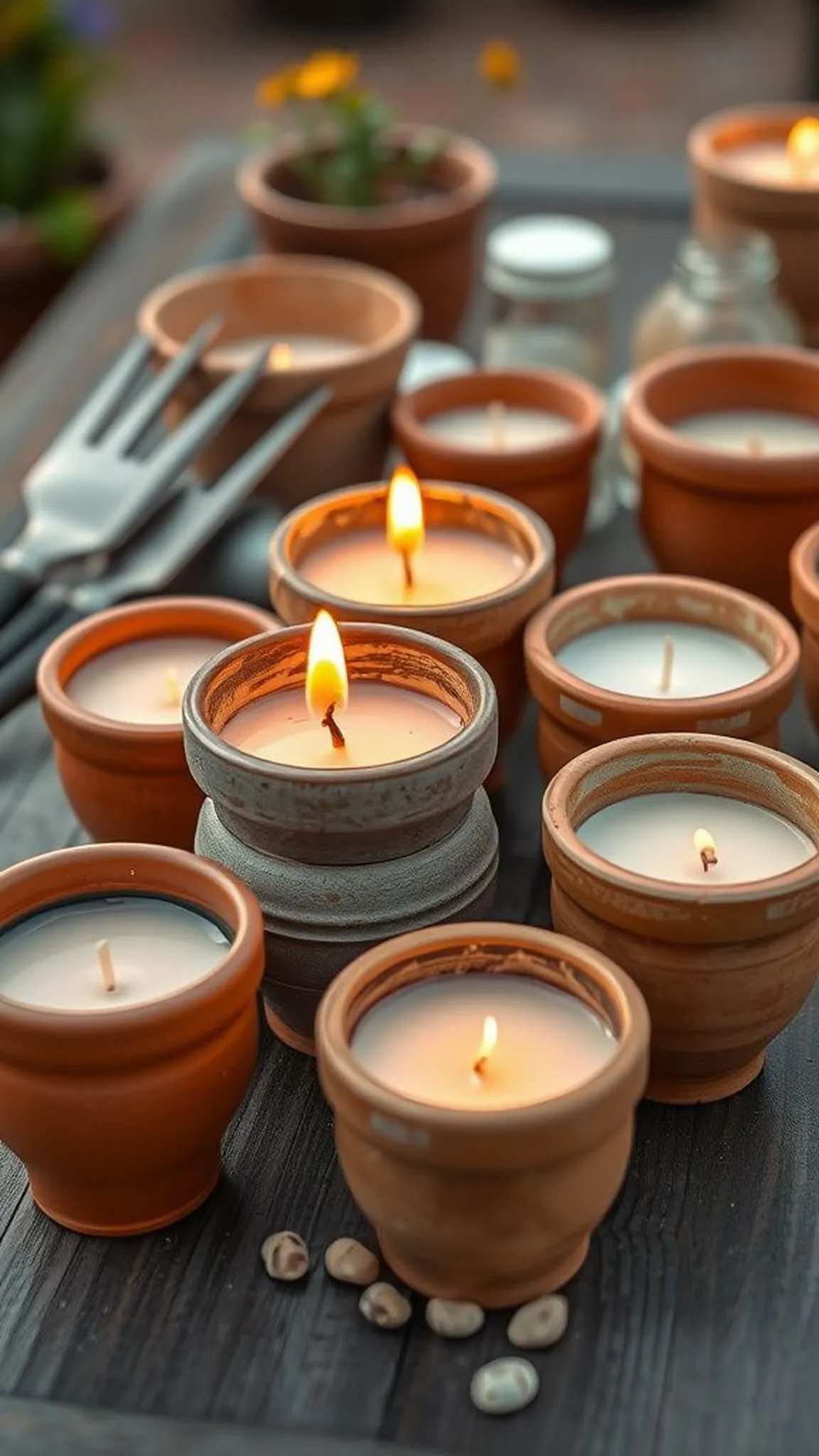 Terracotta pot candles with rustic glaze touches