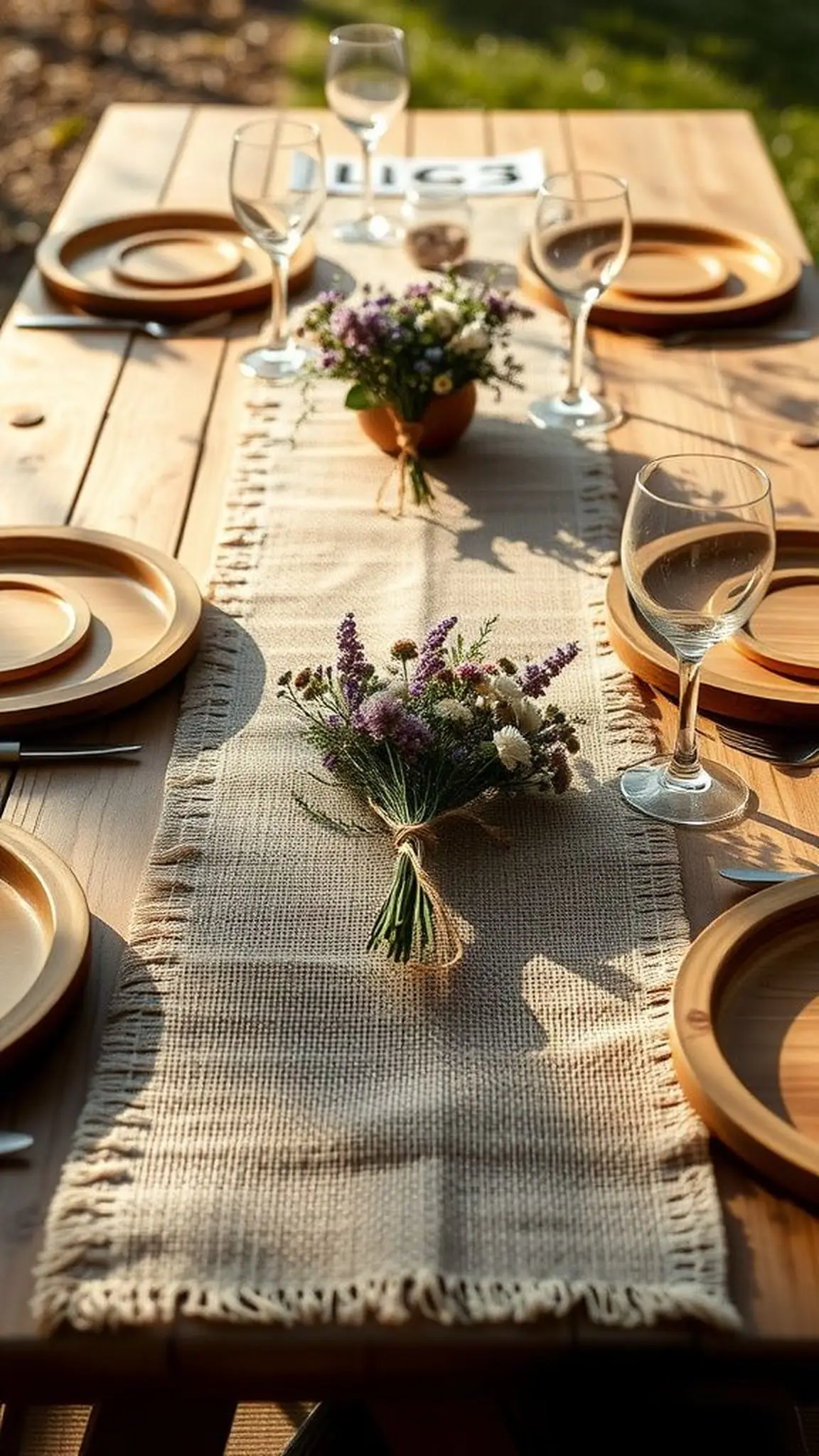 Burlap table runner with wildflower clusters
