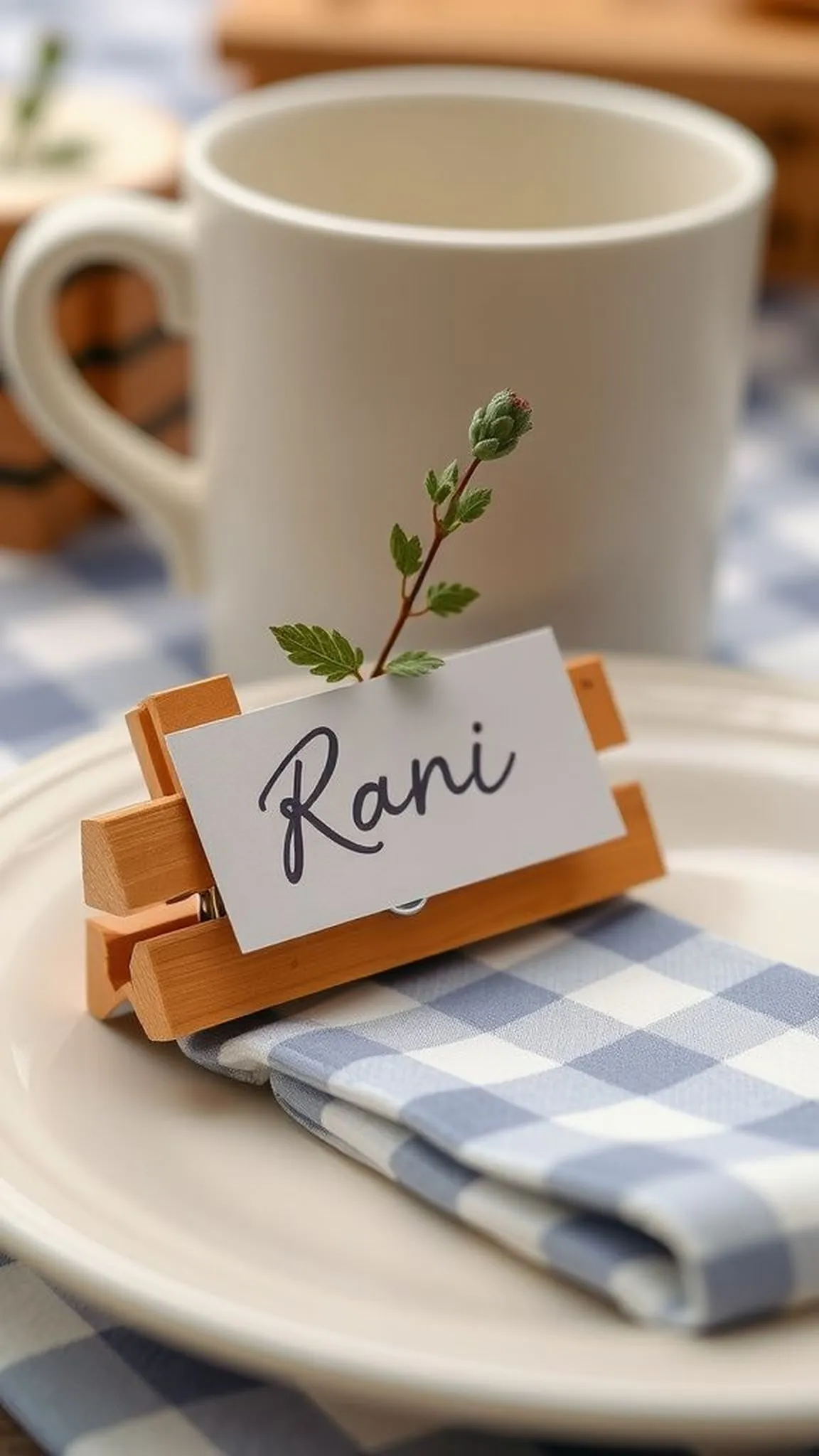 Clothespin place cards with pressed herb sprigs