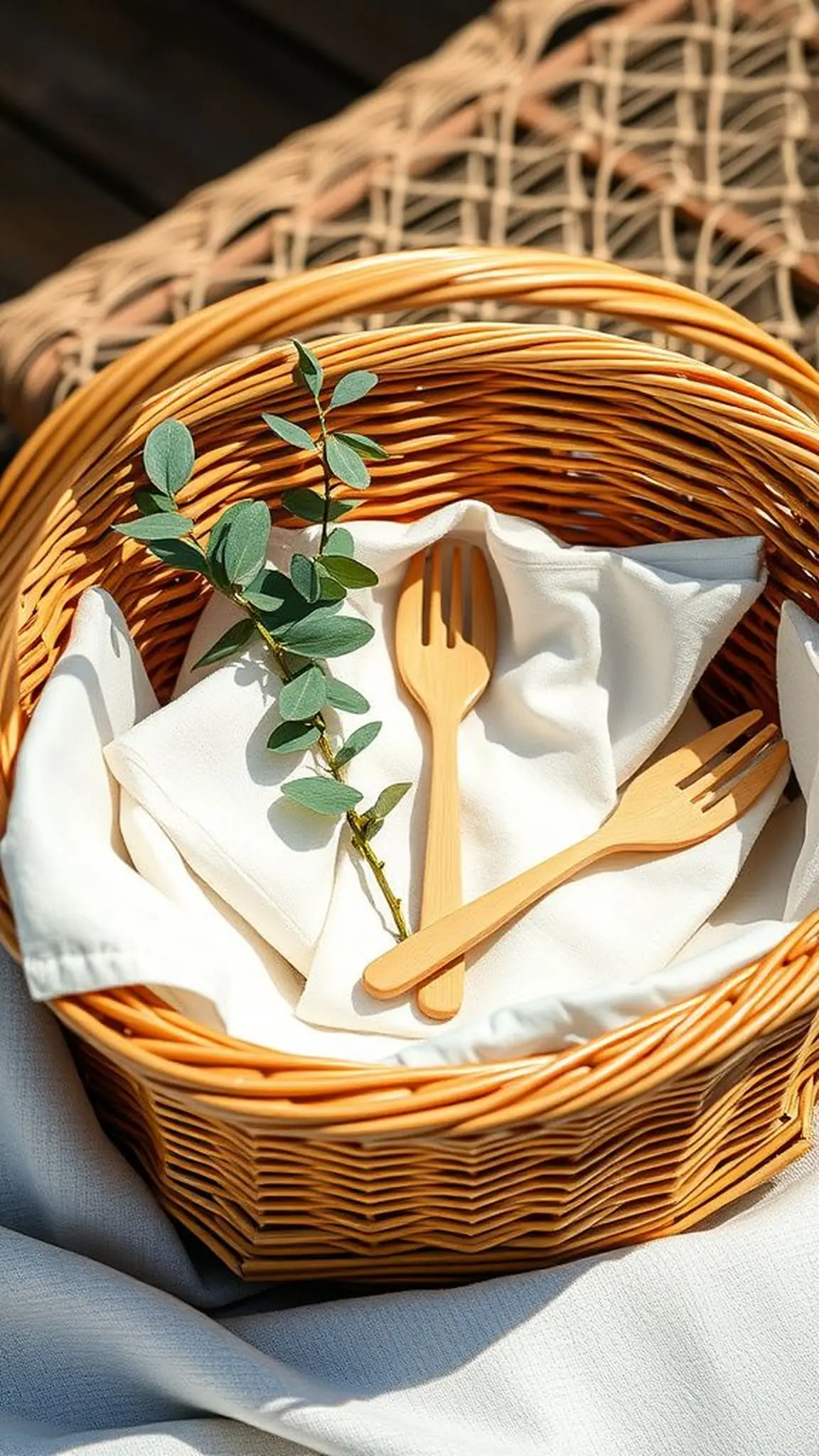 Lined picnic basket centerpiece with layered textures