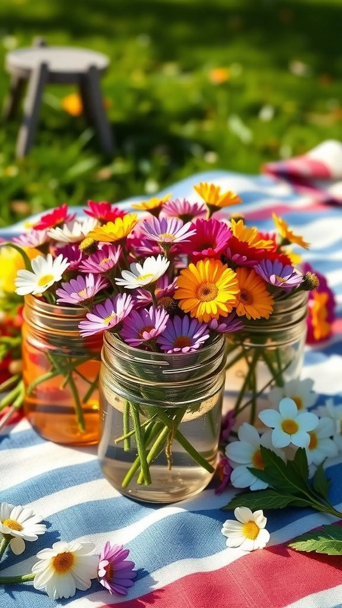 Mini jam jar floral centerpieces for casual elegance