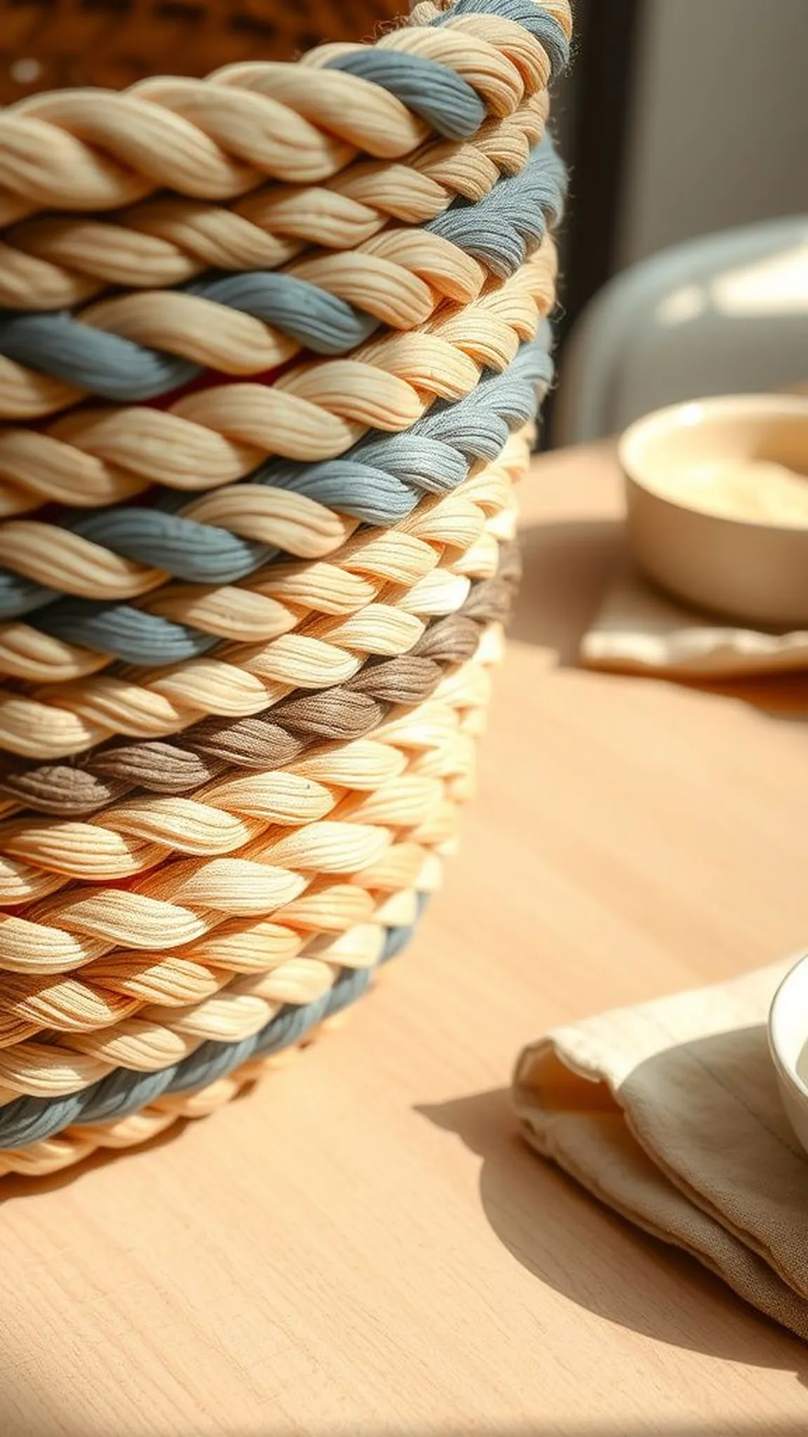 Braided rope basket with contrasting color bands
