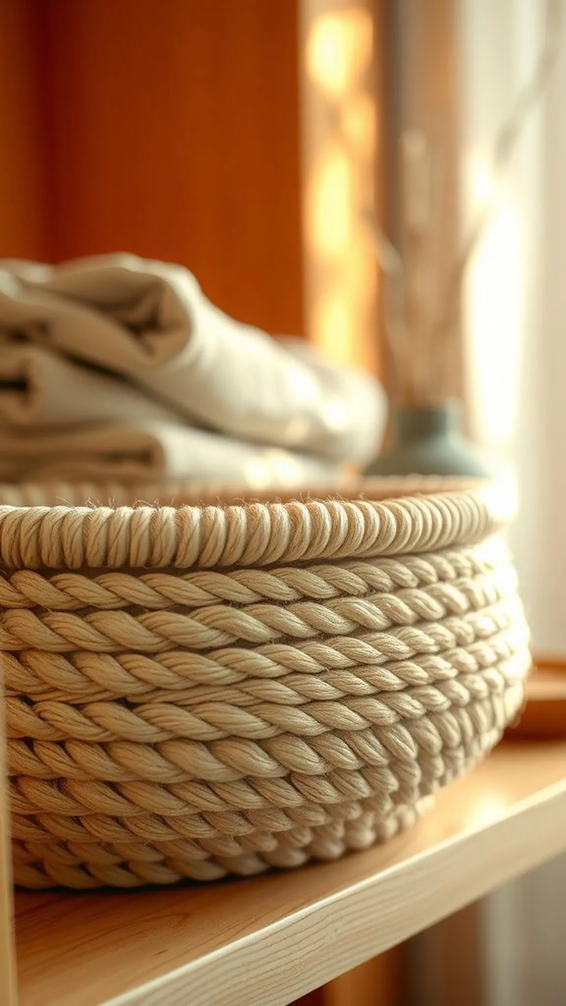 Coiled cotton rope basket for shelf storage