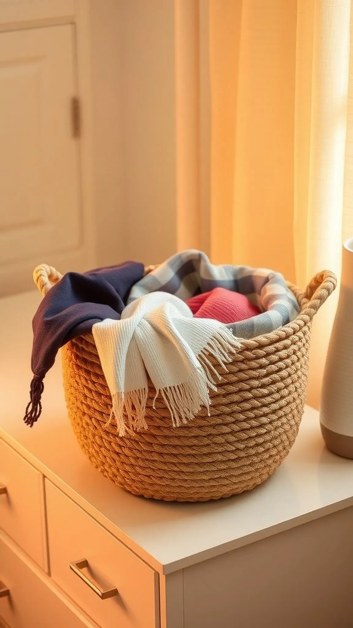 Fabric-lined rope basket for delicate storage