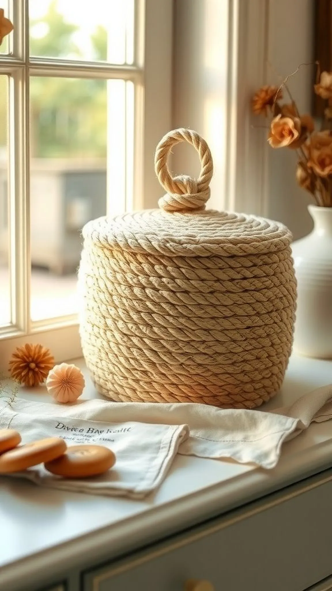Lidded rope basket for keepsakes and trinkets