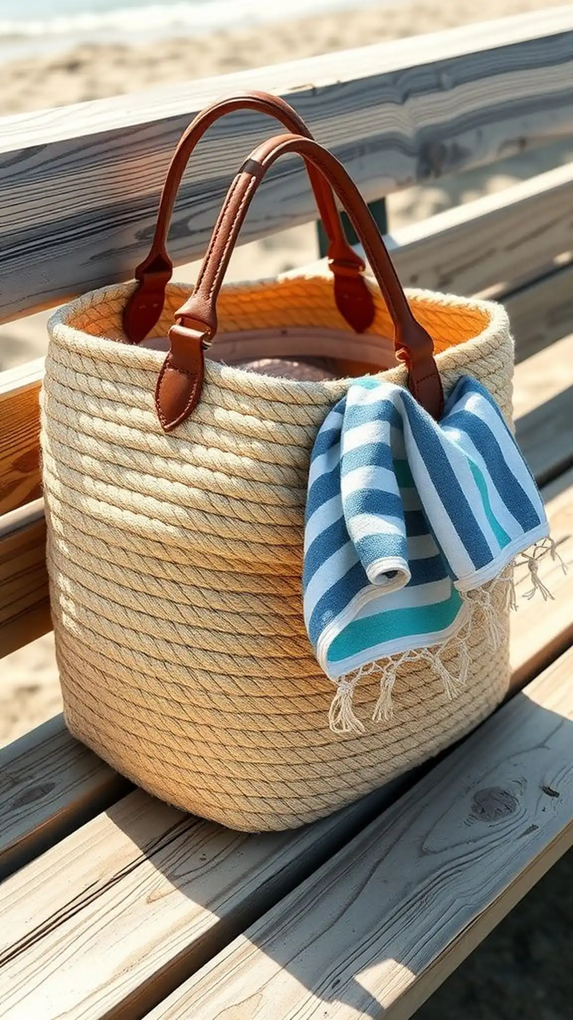 Nautical rope beach tote with leather handles
