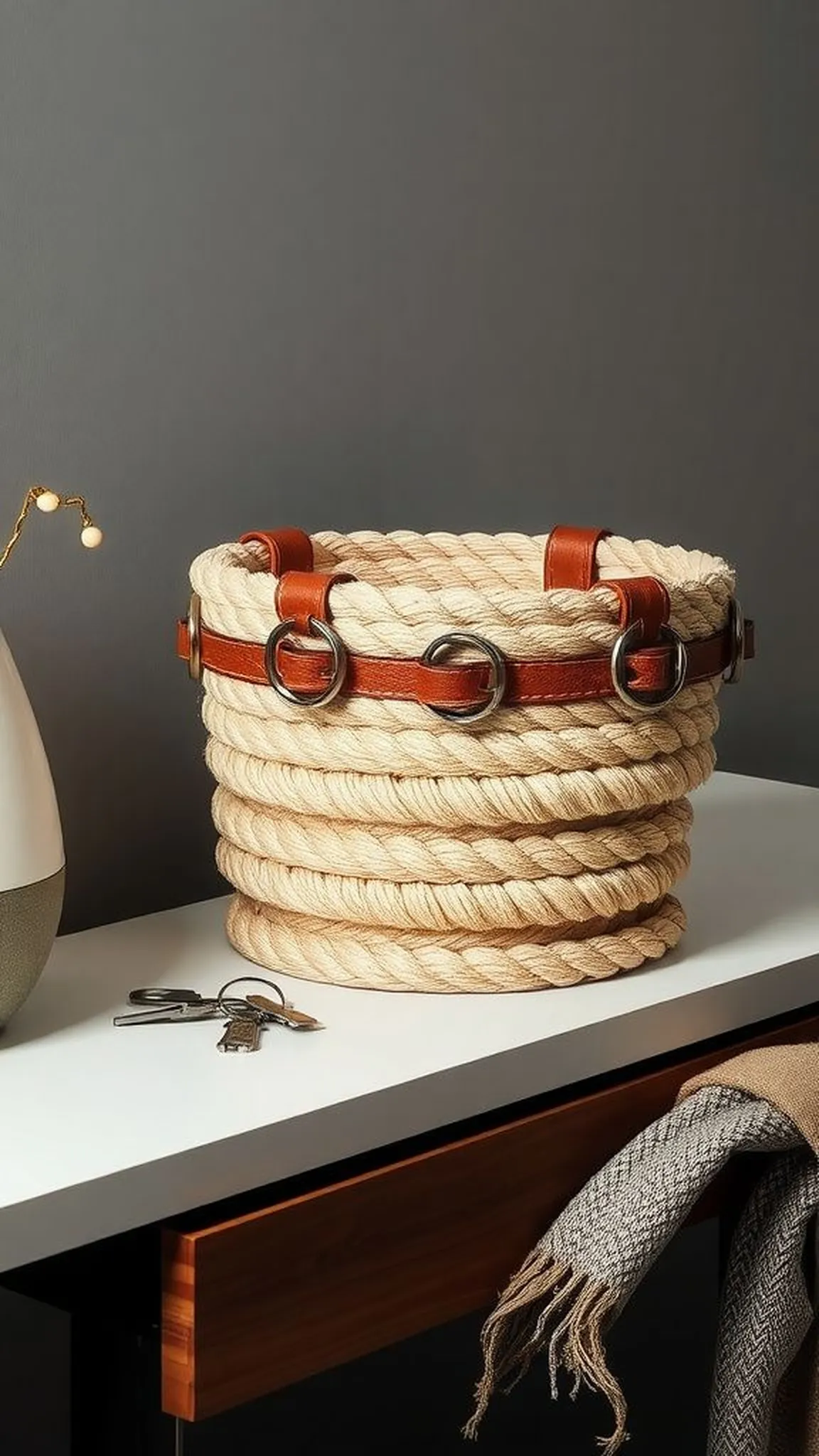 Rope basket with metal grommet accent and strap
