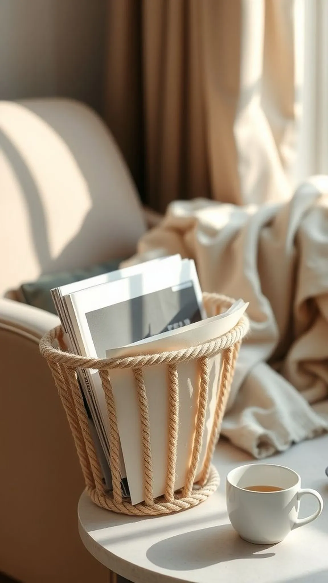Rope magazine holder with slanted open top