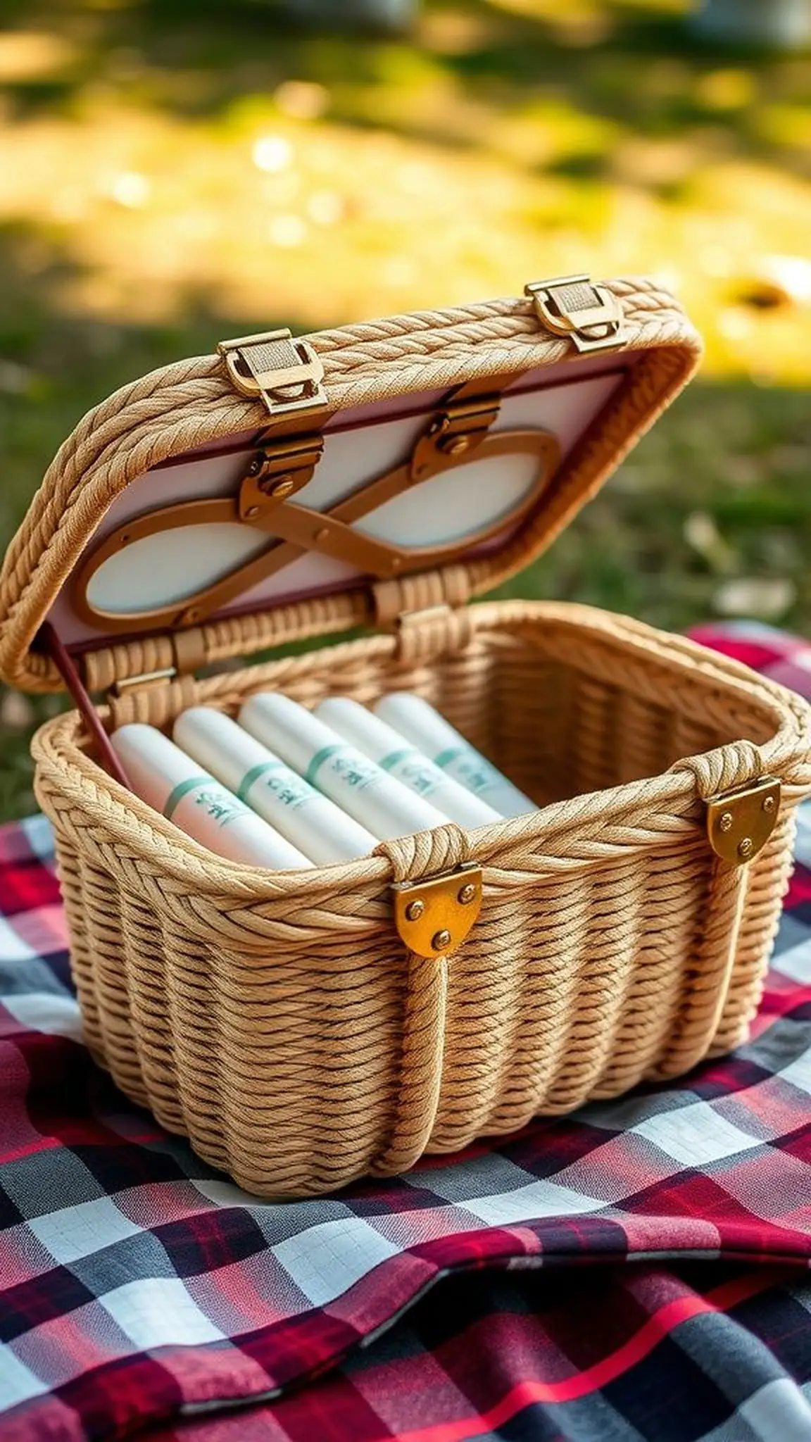 Rope picnic basket with hinged lid and clasp