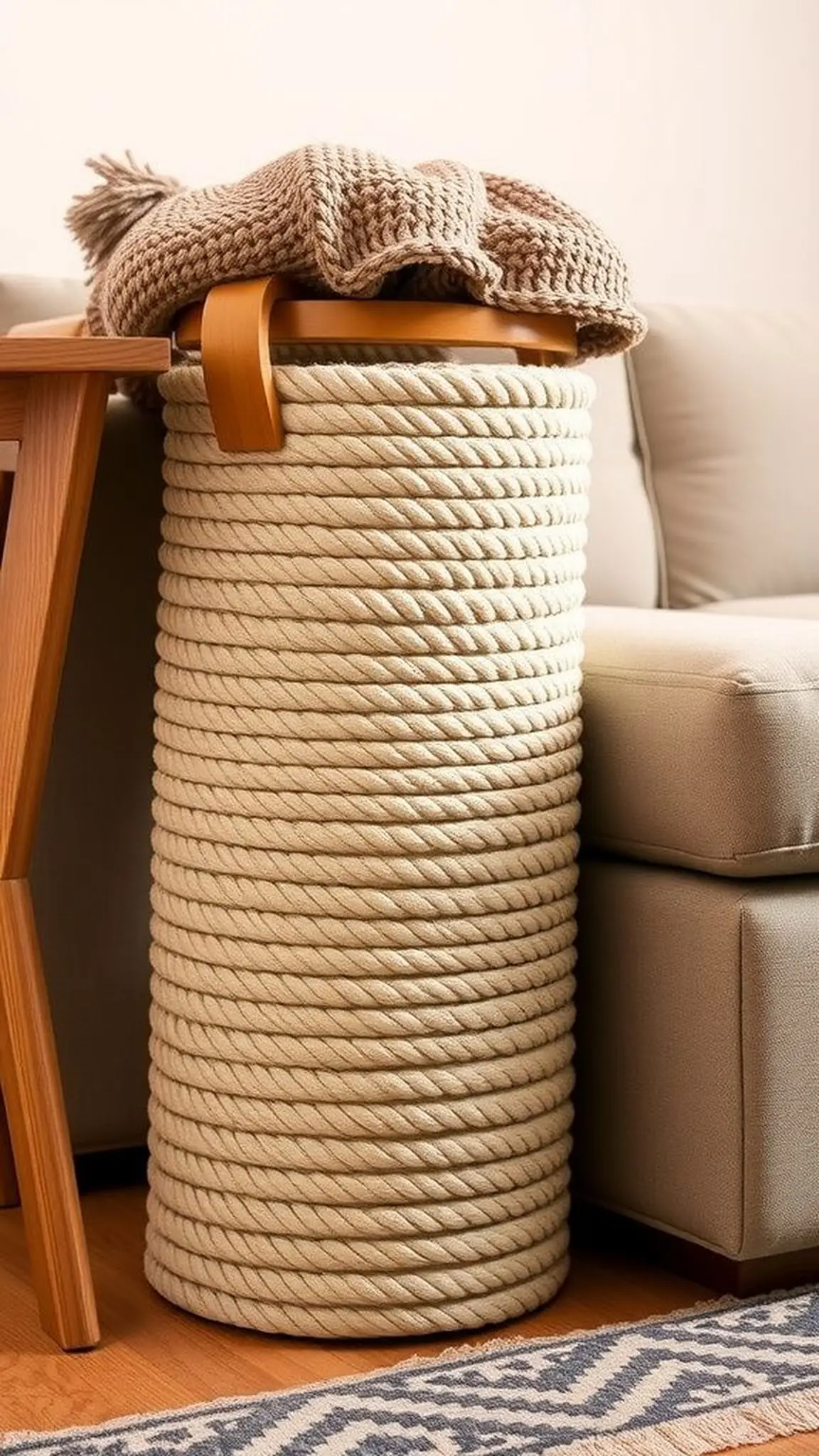 Rope storage bin with wooden carry handles