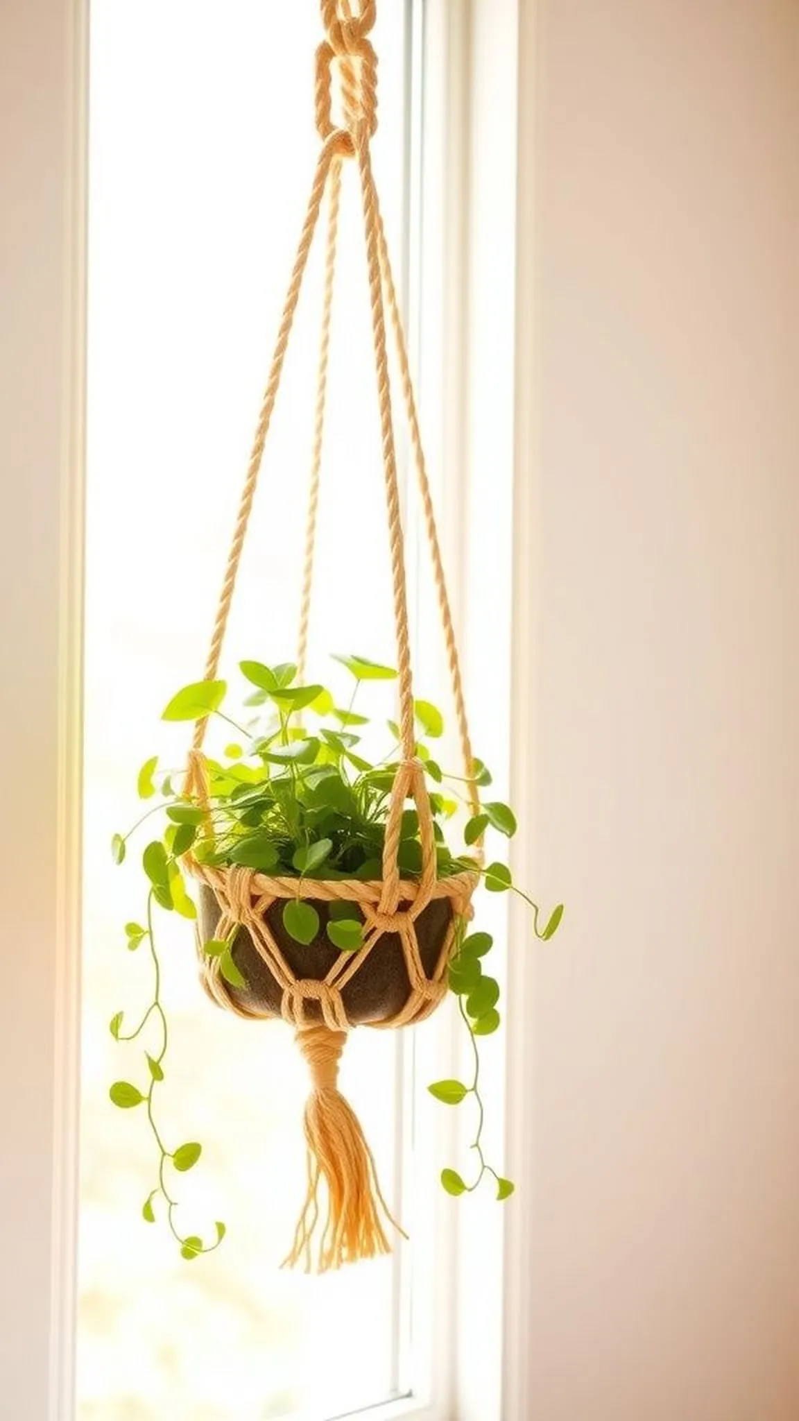 Small hanging rope planter with macramé fringe