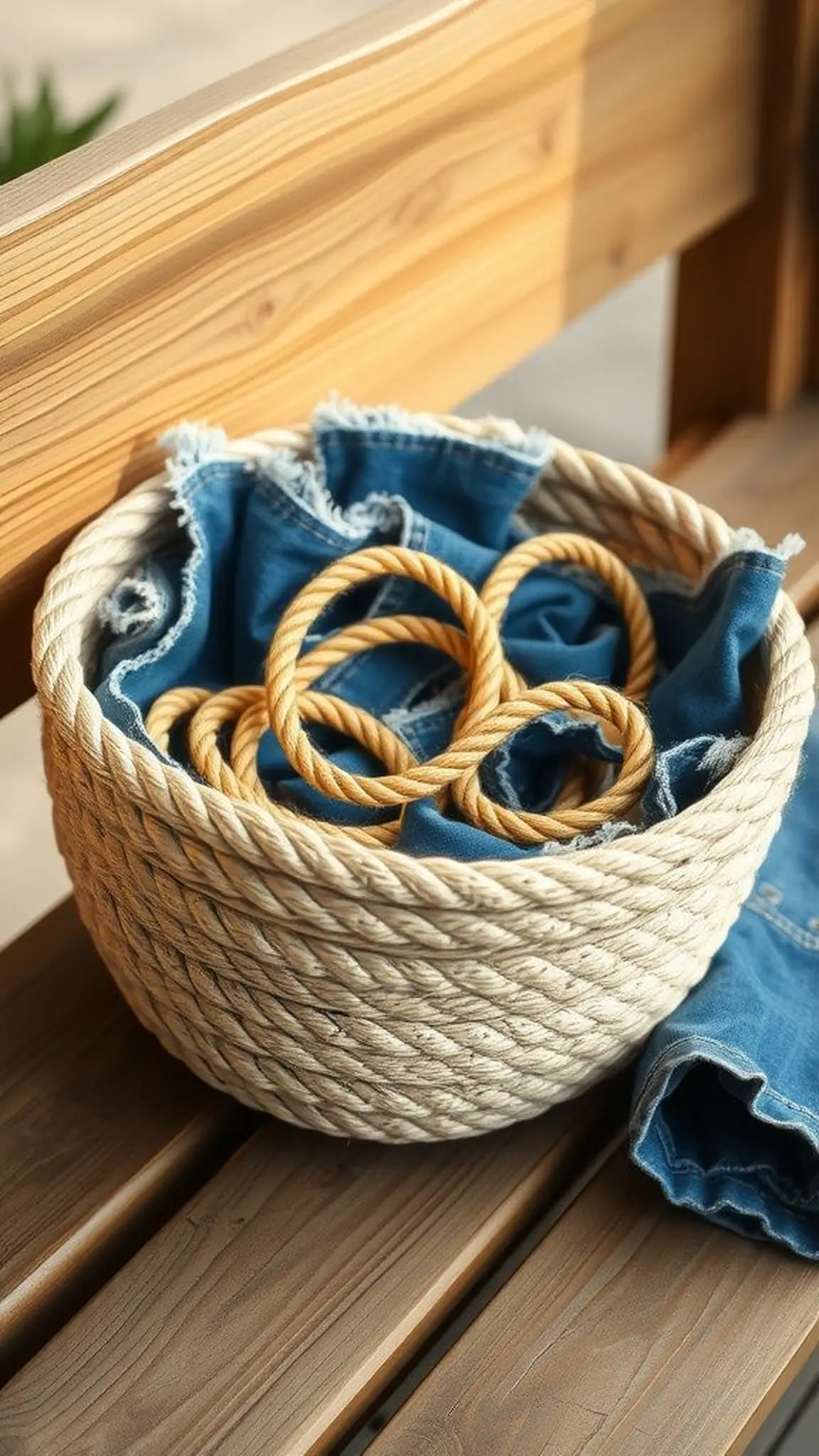 Upcycled denim lined rope basket for rugged charm