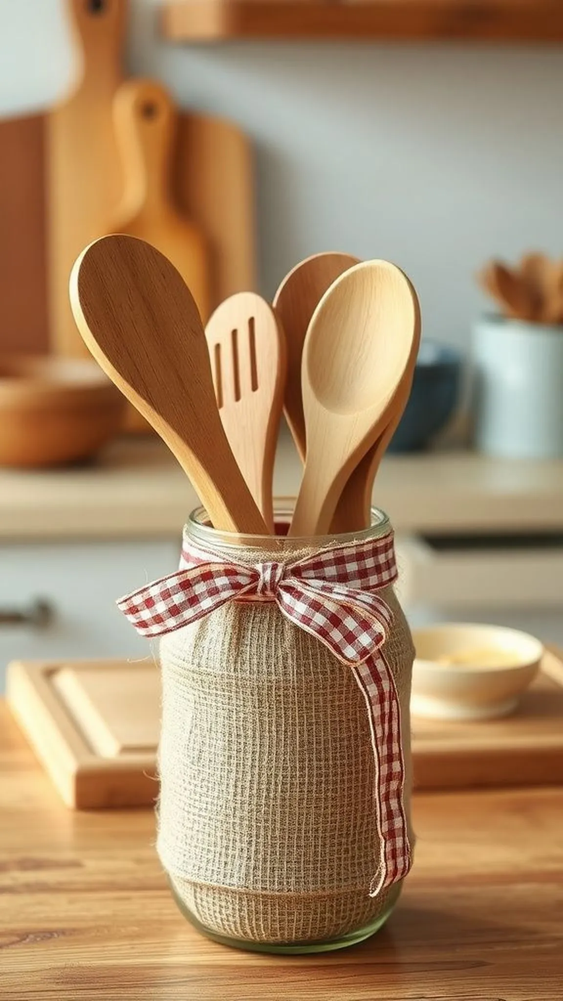 Burlap wrapped mason jar utensil holder, farmhouse rustic