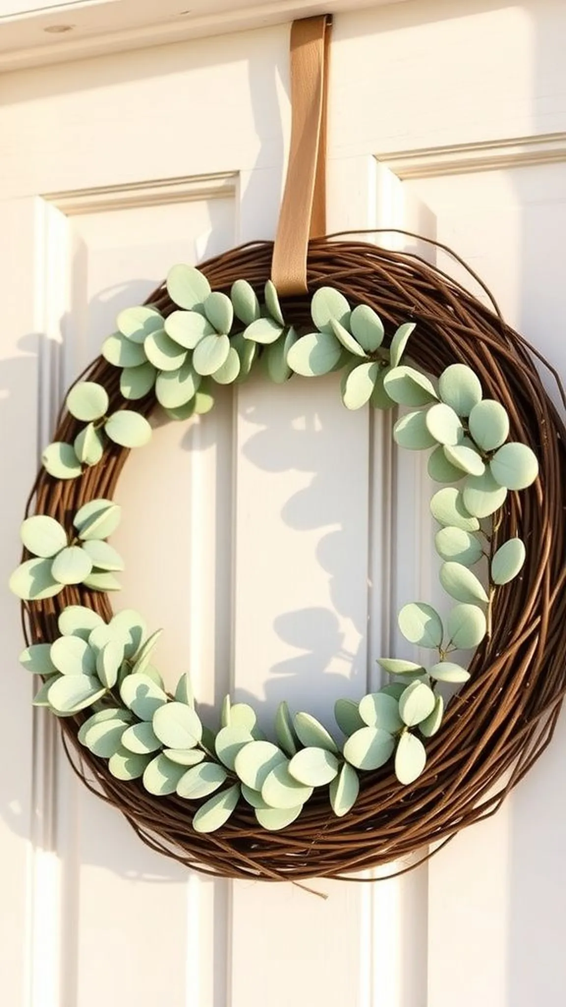 Faux eucalyptus wreath on grapevine base for door