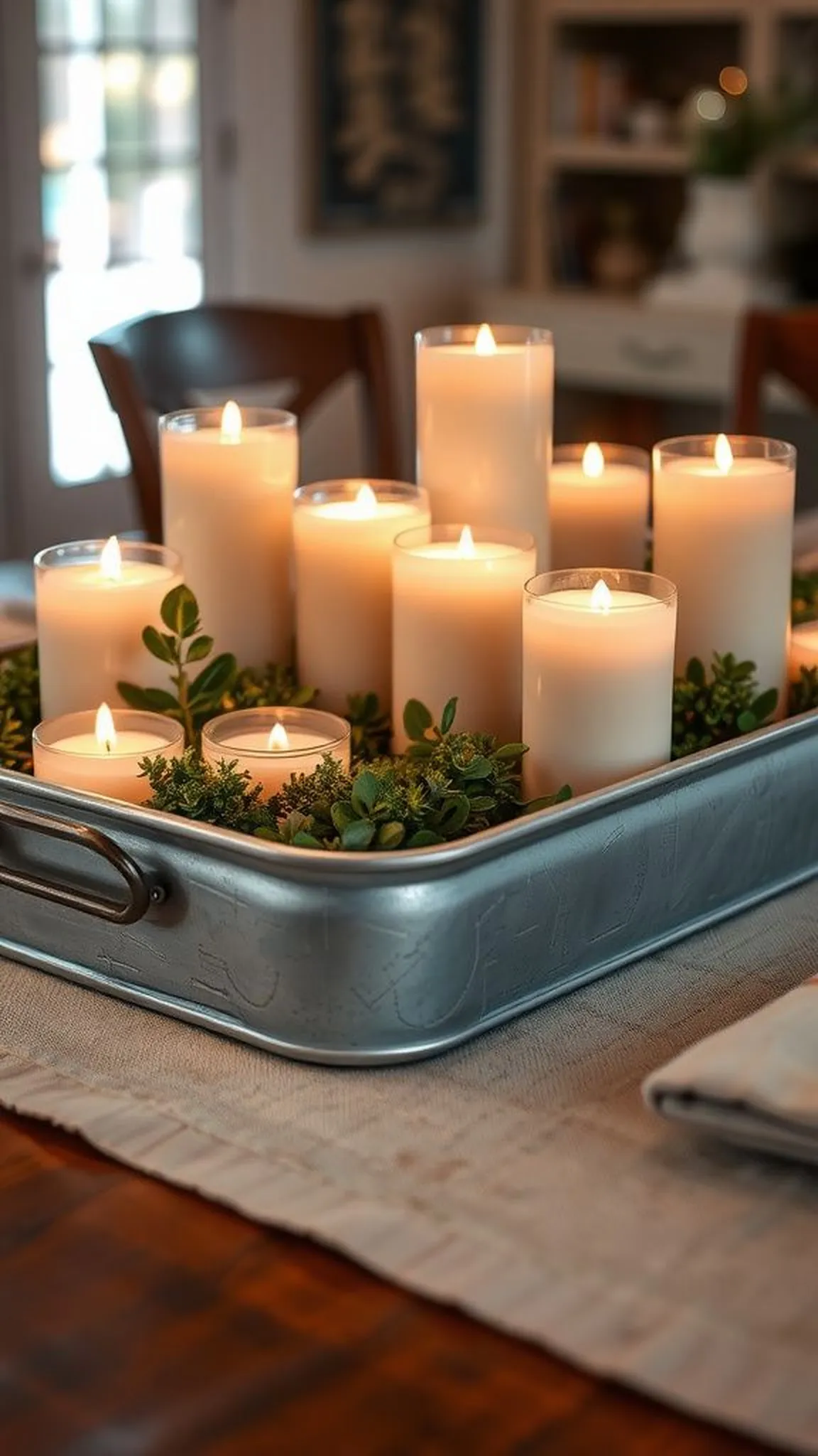 Galvanized tray centerpiece with candles and greenery