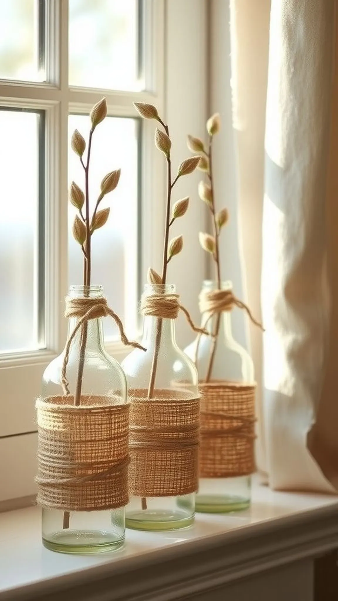 Rope-wrapped bottle vases for coastal farmhouse flair