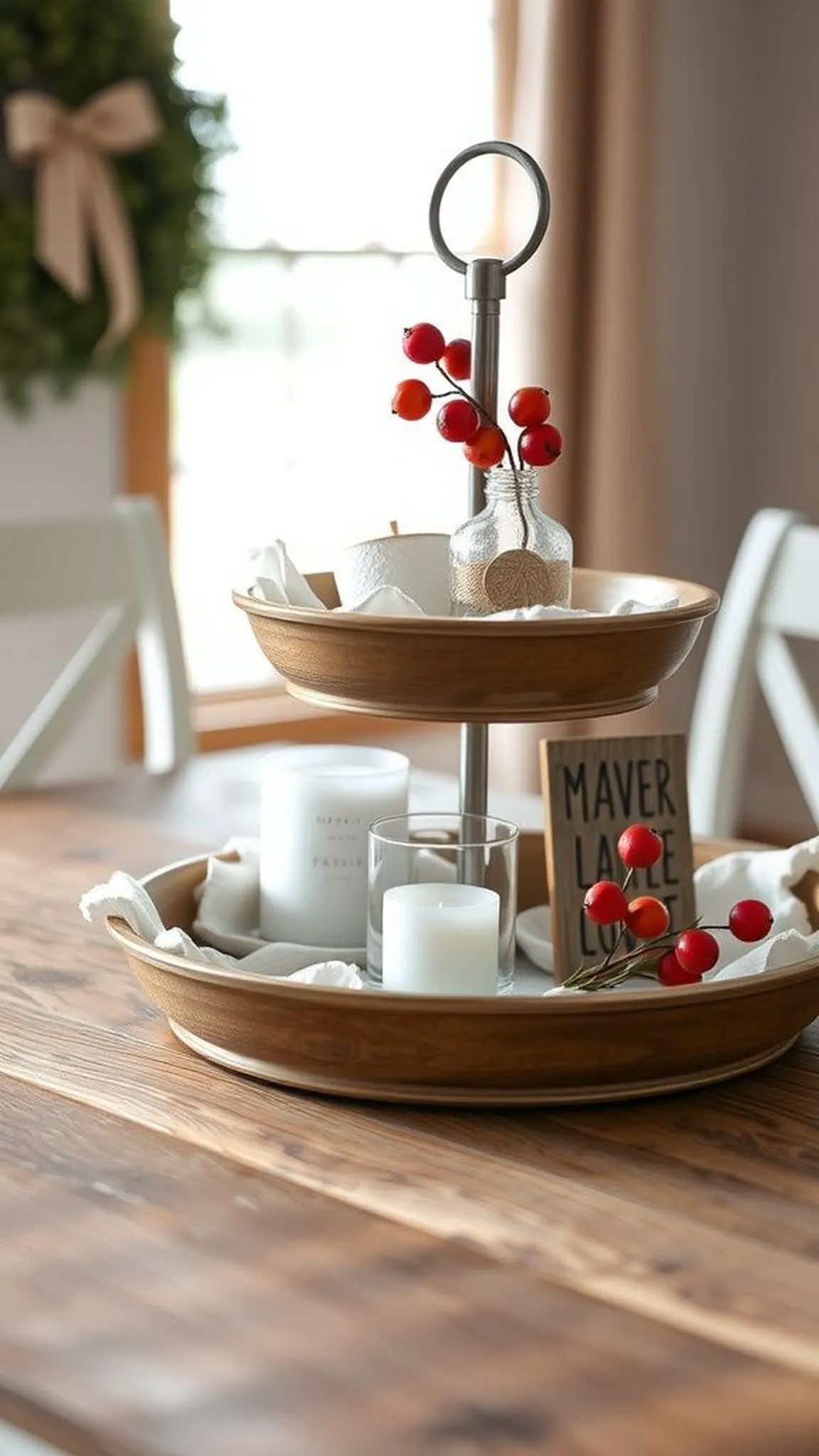 Tiered tray vignette with seasonal finds and neutral tones