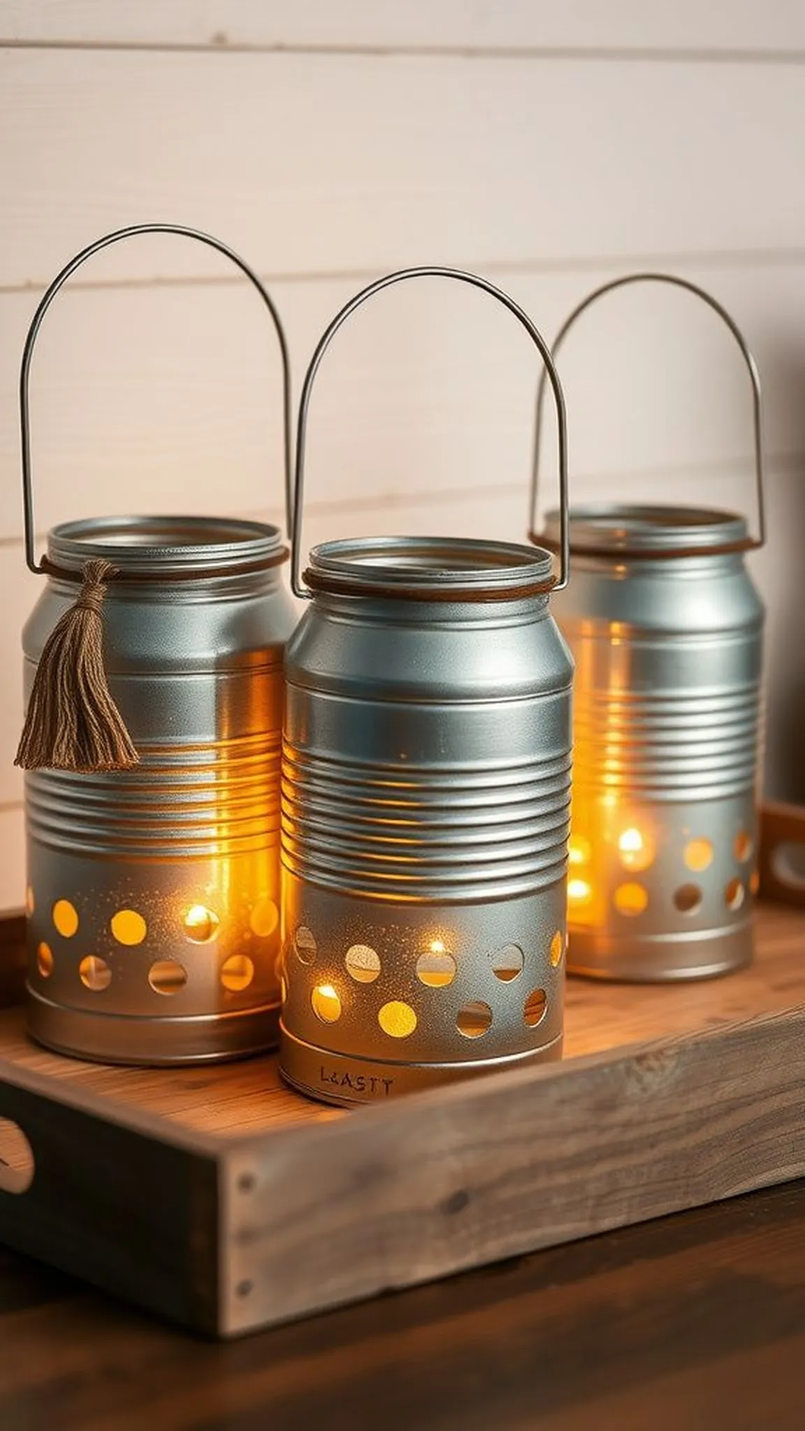 Tin can lanterns with wire handle and candle glow