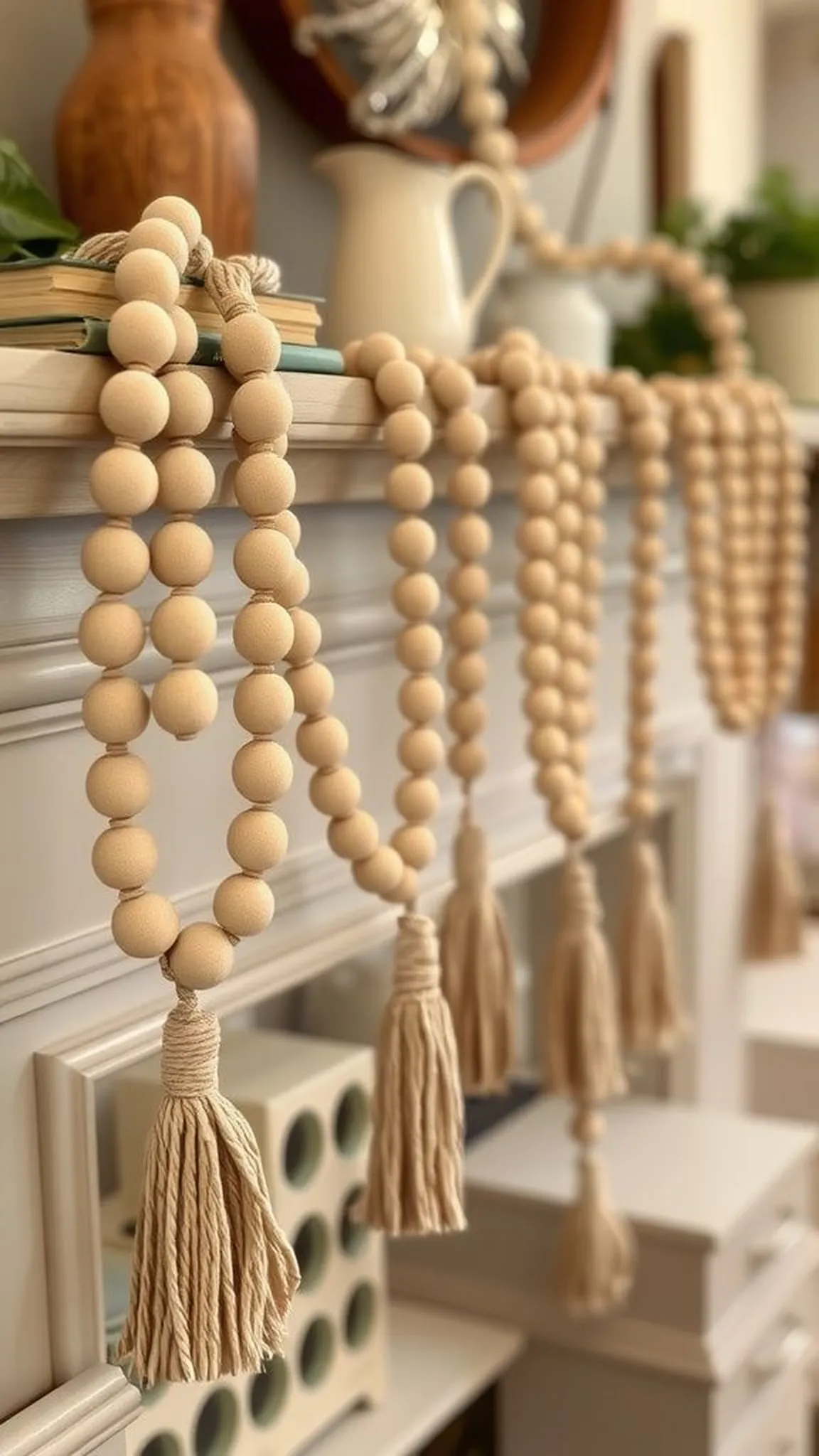 Wooden bead garland with handmade tassels, cozy shelf charm