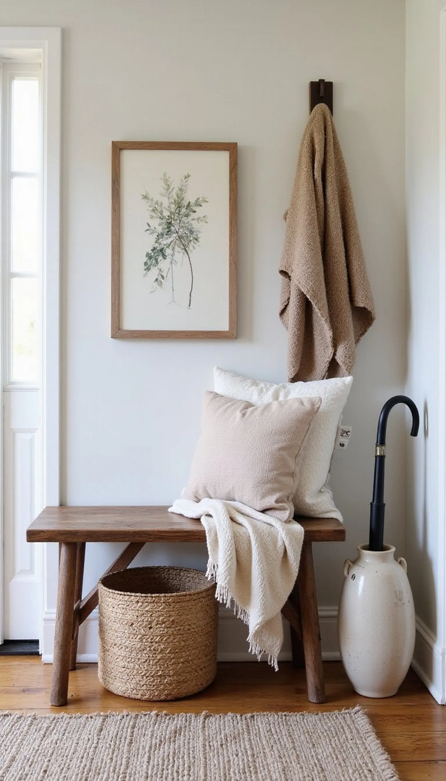 Layered textures: bench, woven basket, wool throw