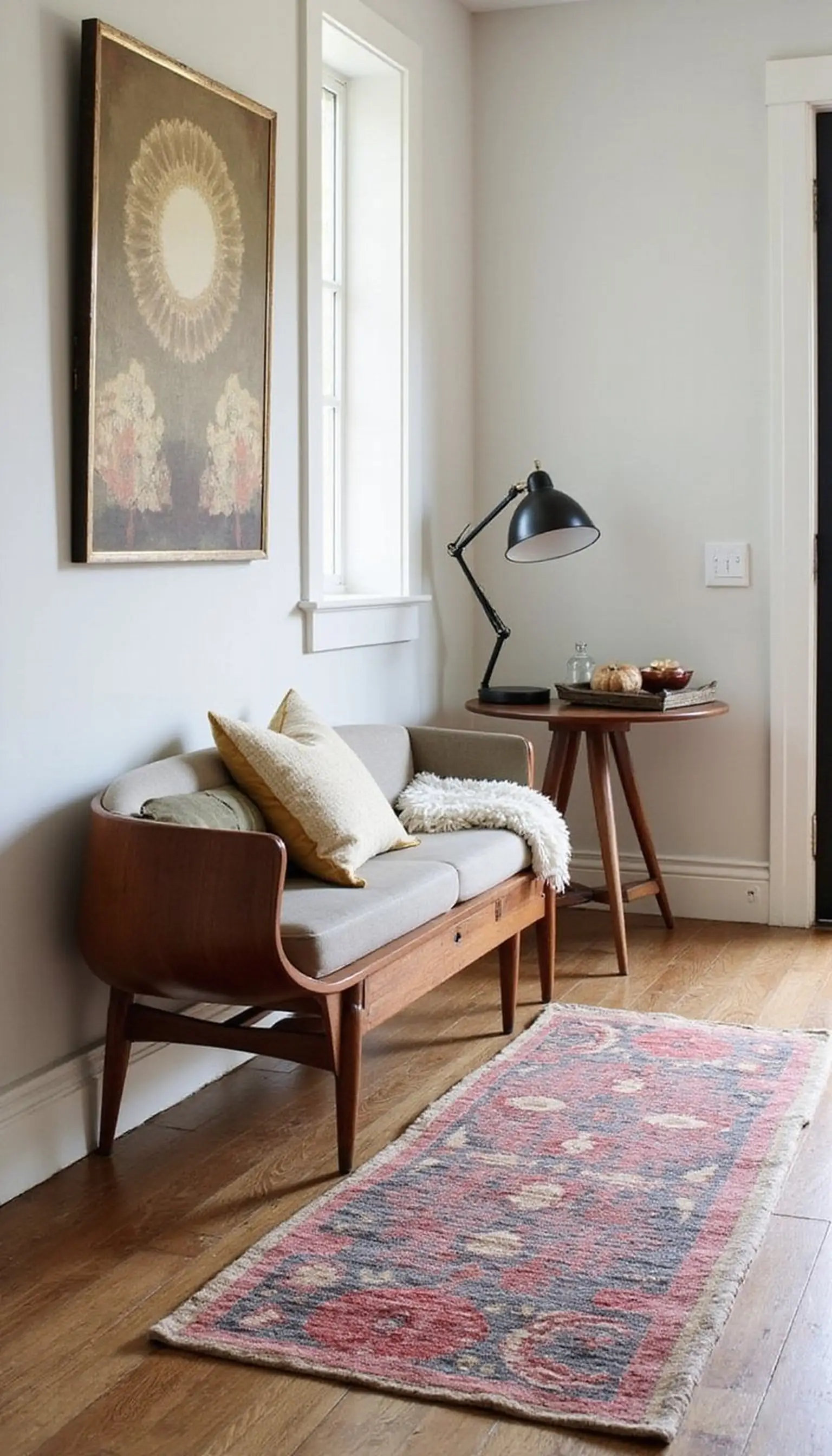 Mid-century entry: curved bench and sculptural lamp