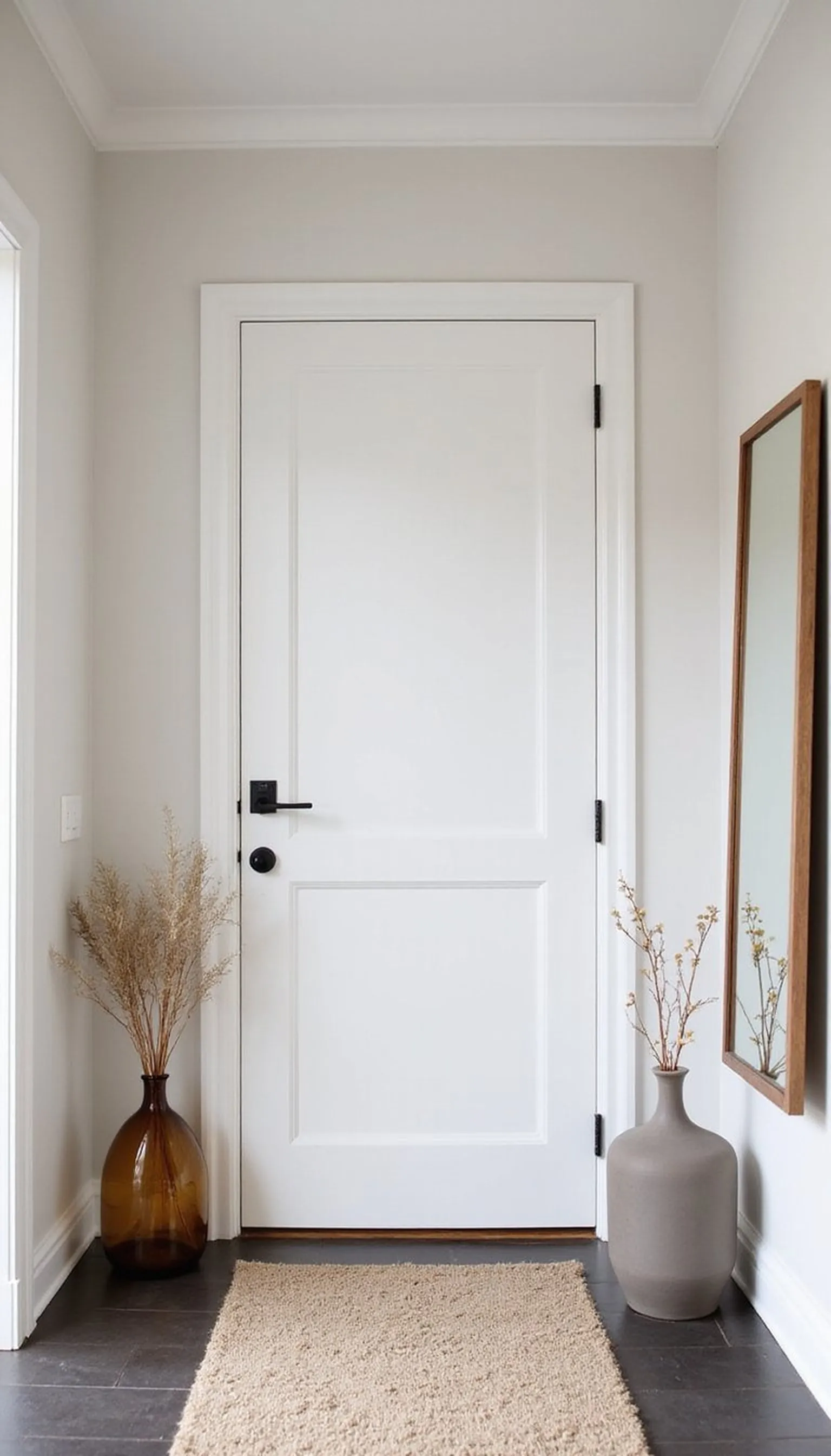 Minimalist neutral entry with amber glass vibes