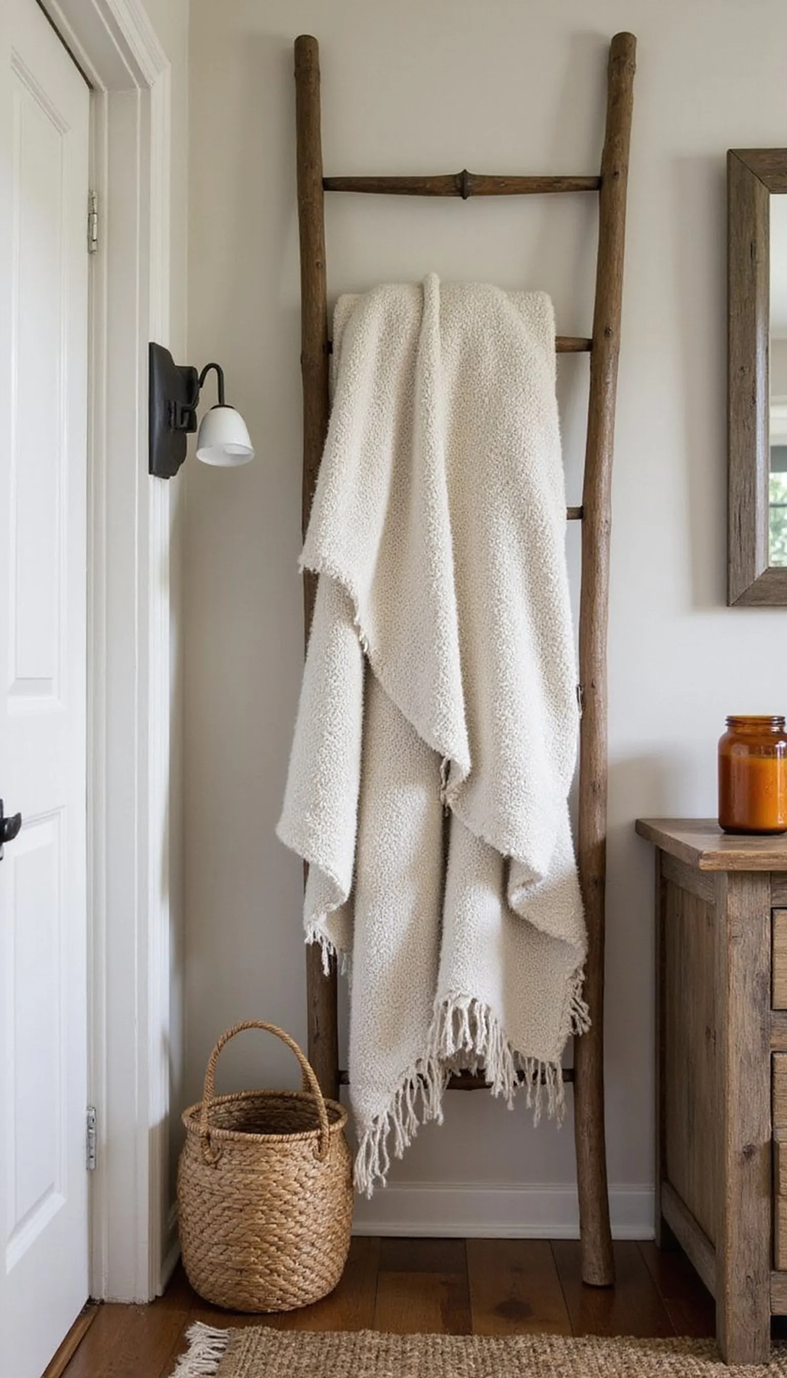 Rustic ladder lean for throws and scarves
