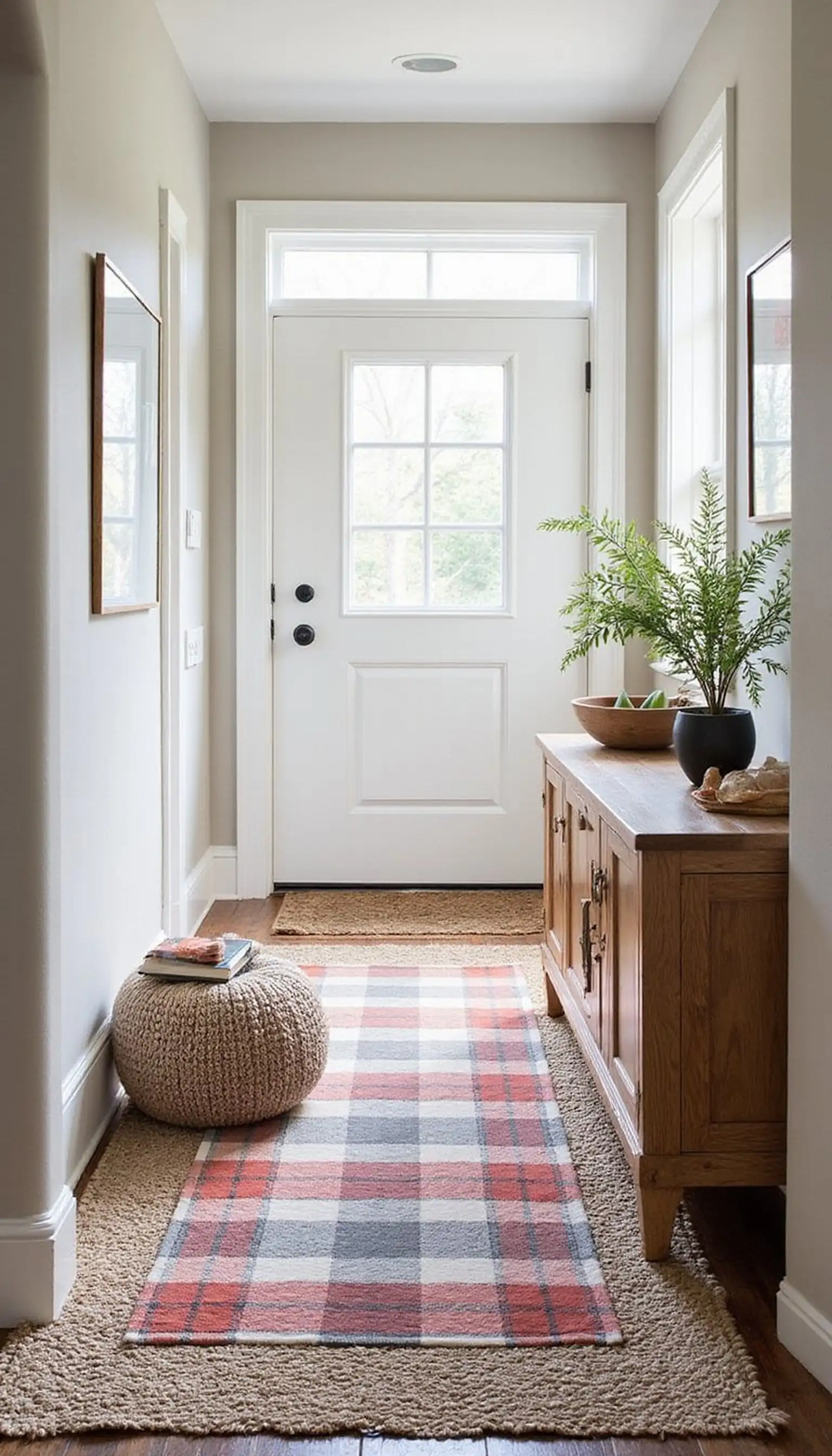 Textile mix: plaid runner, knitted pouf, textured rug