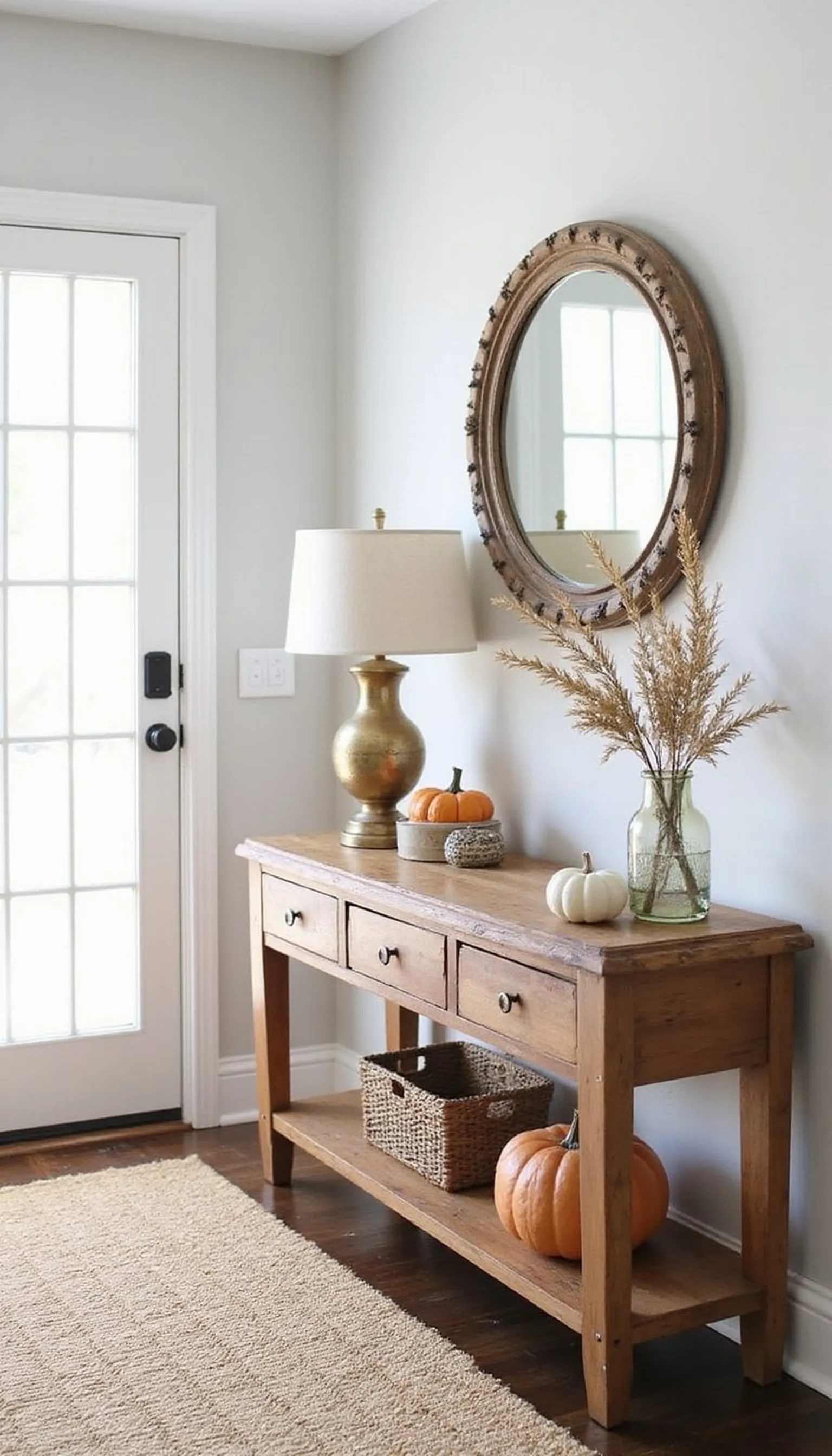 Worn-Wood Console with Jute Runner and Pumpkins