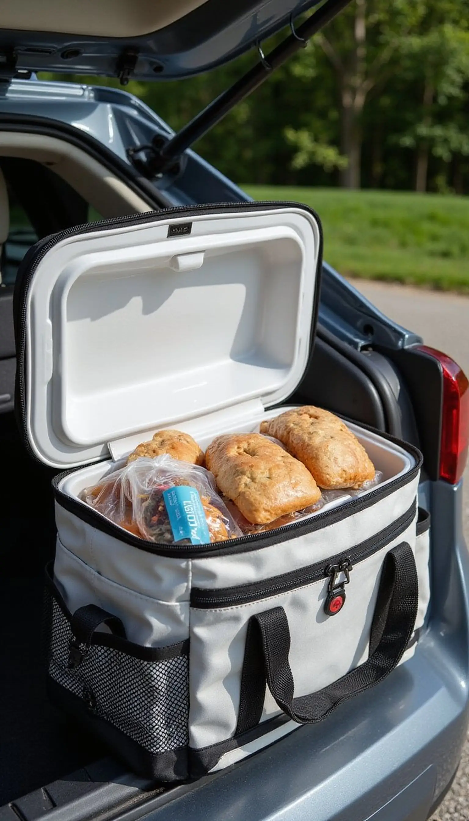 Cooler with Snacks and Trash Bags for Clean Stops