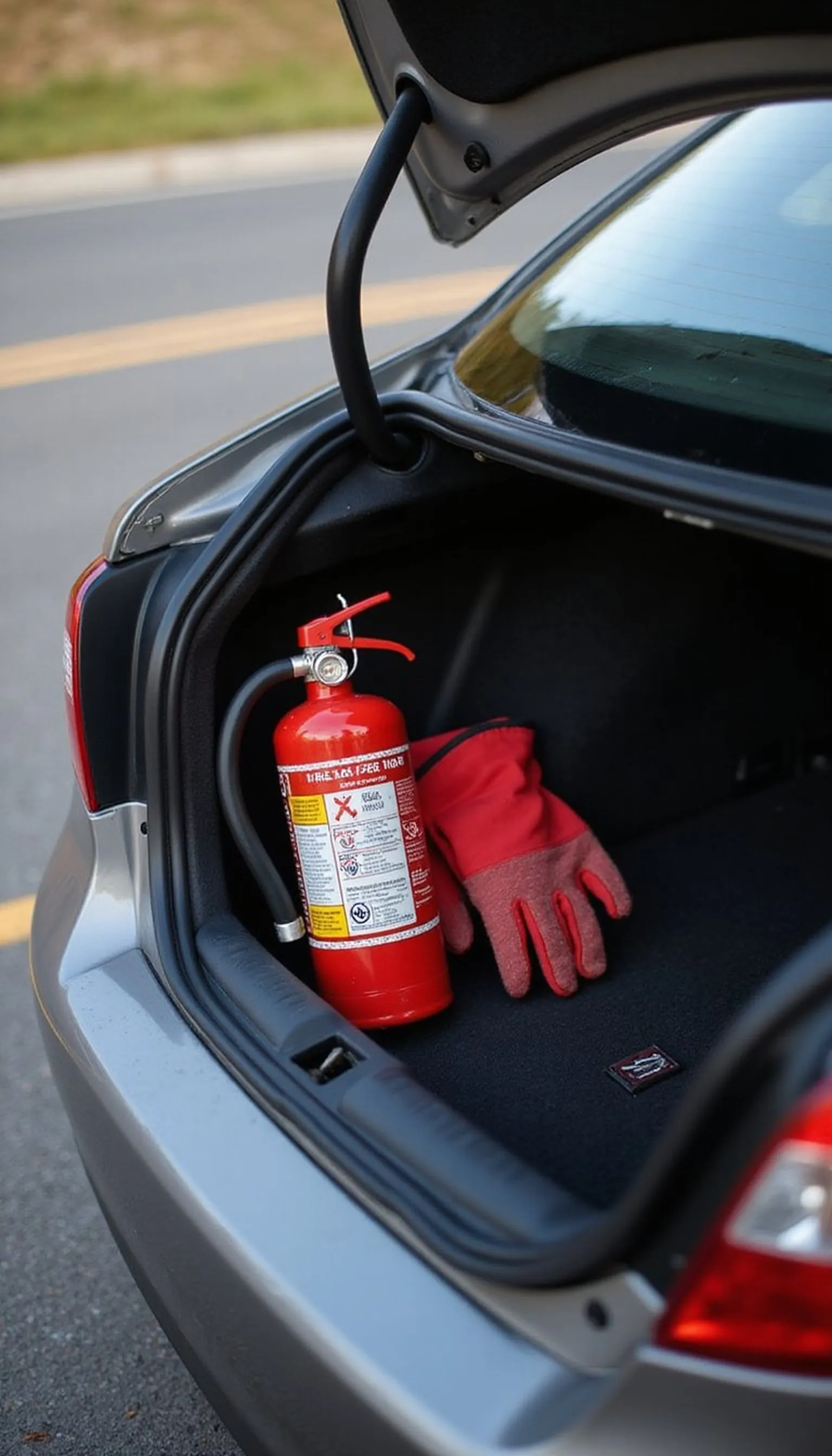 Small Fire Extinguisher and Protective Gloves Stored Safely