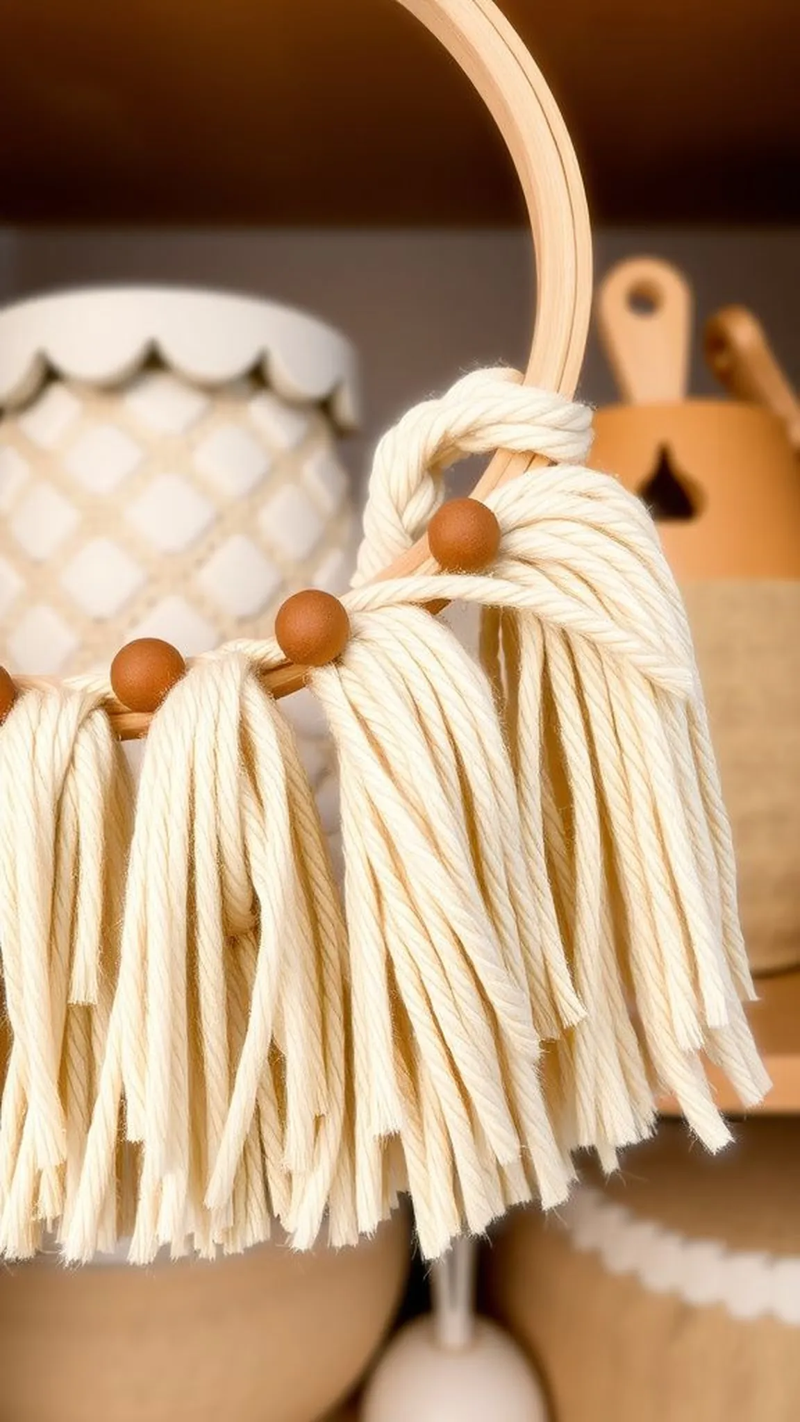 Boho tassel fringe hoop with textured yarn
