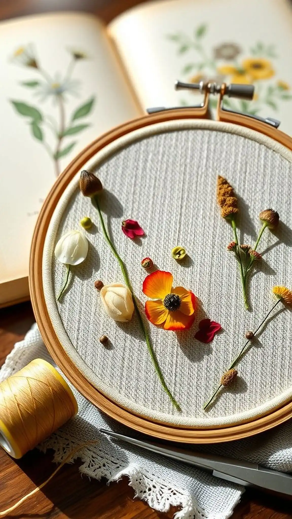 Dried flower mixed-media hoop with pressed blooms