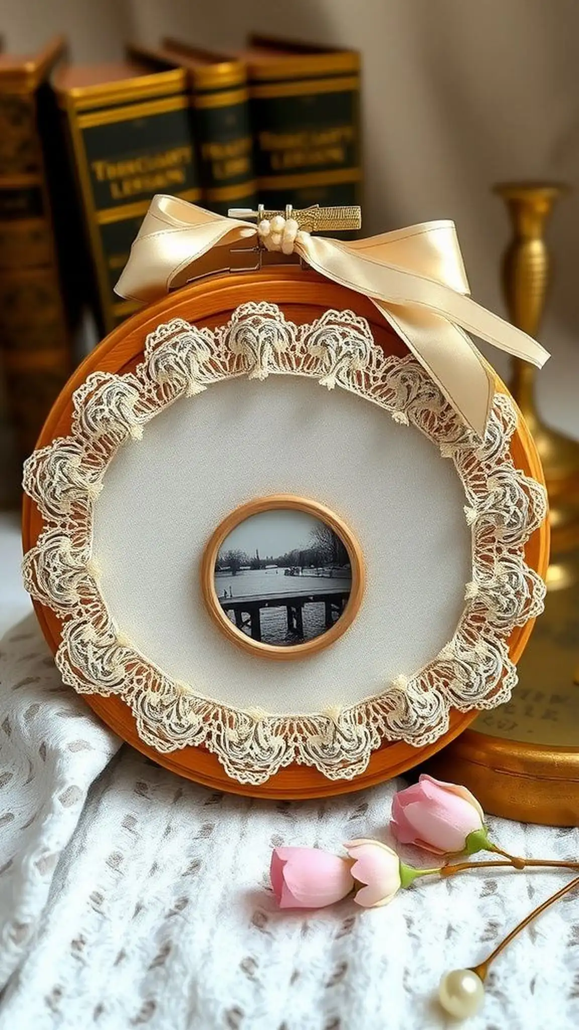 Lace and fabric hoop frame for photos
