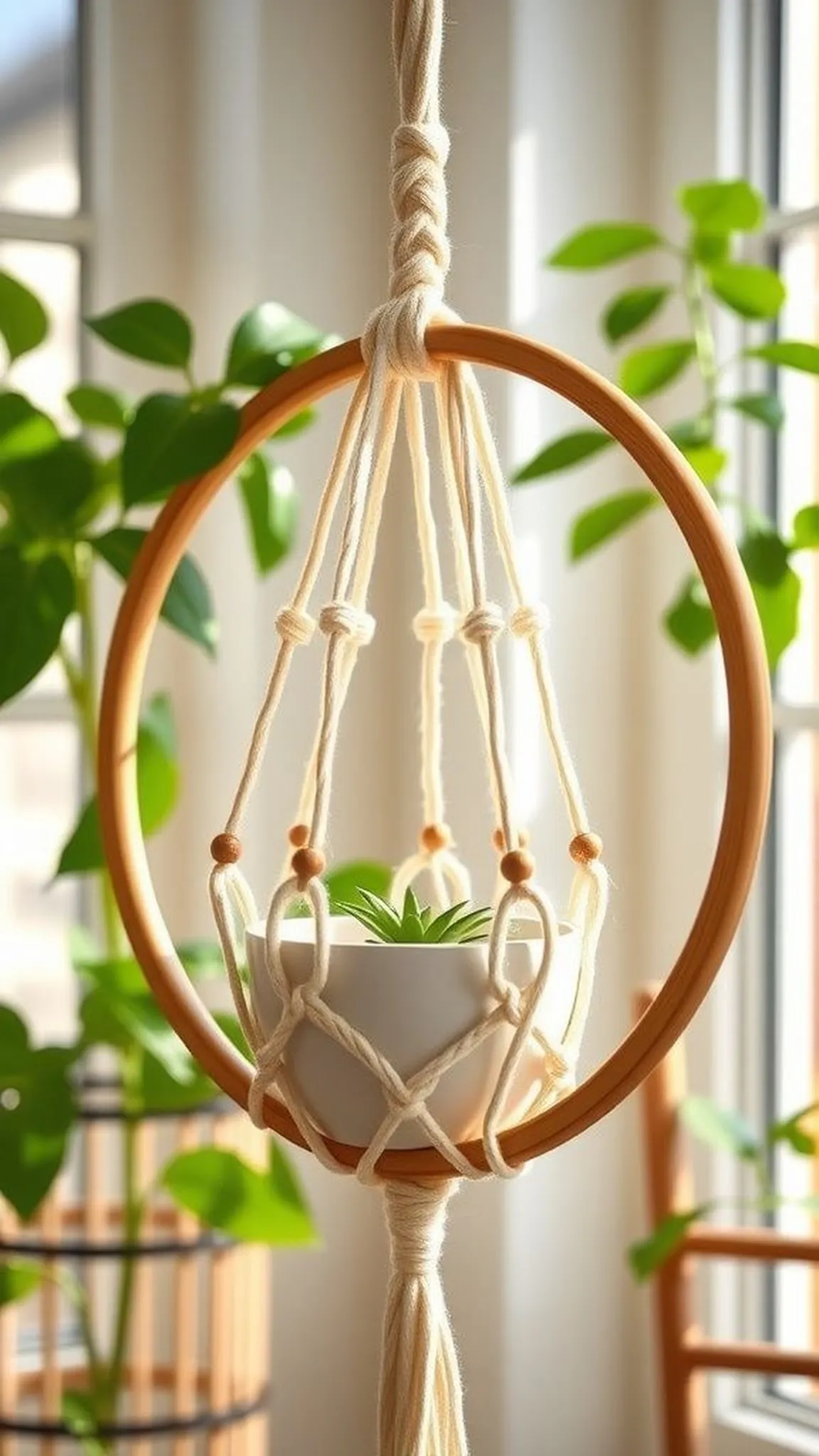 Macramé plant hanger with an embedded hoop