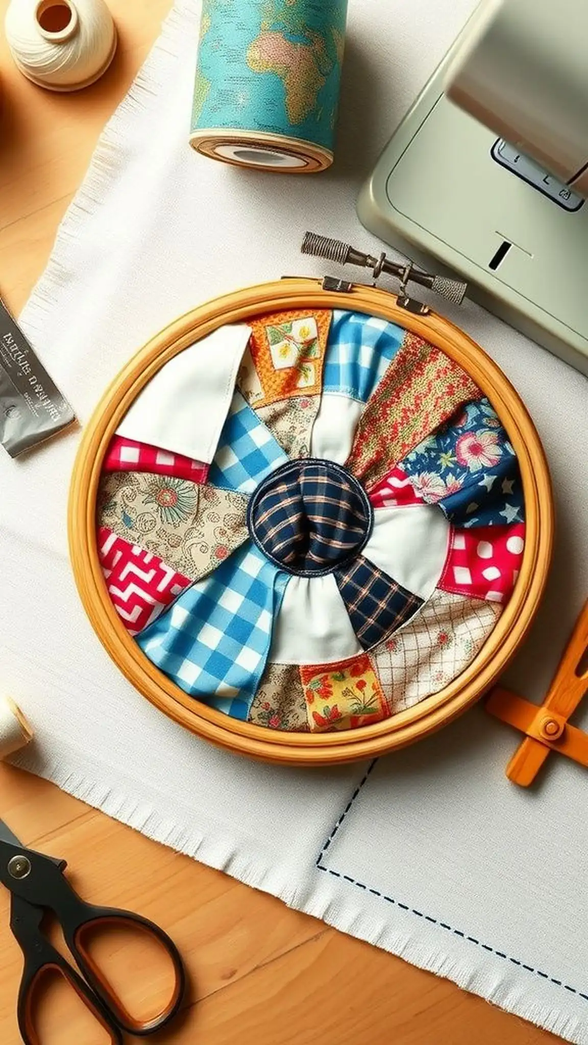 Patchwork quilted hoop made from fabric scraps