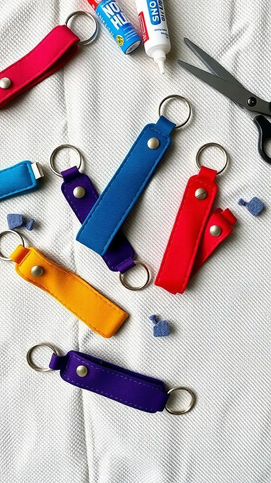 Fabric-covered keychain fob without stitching