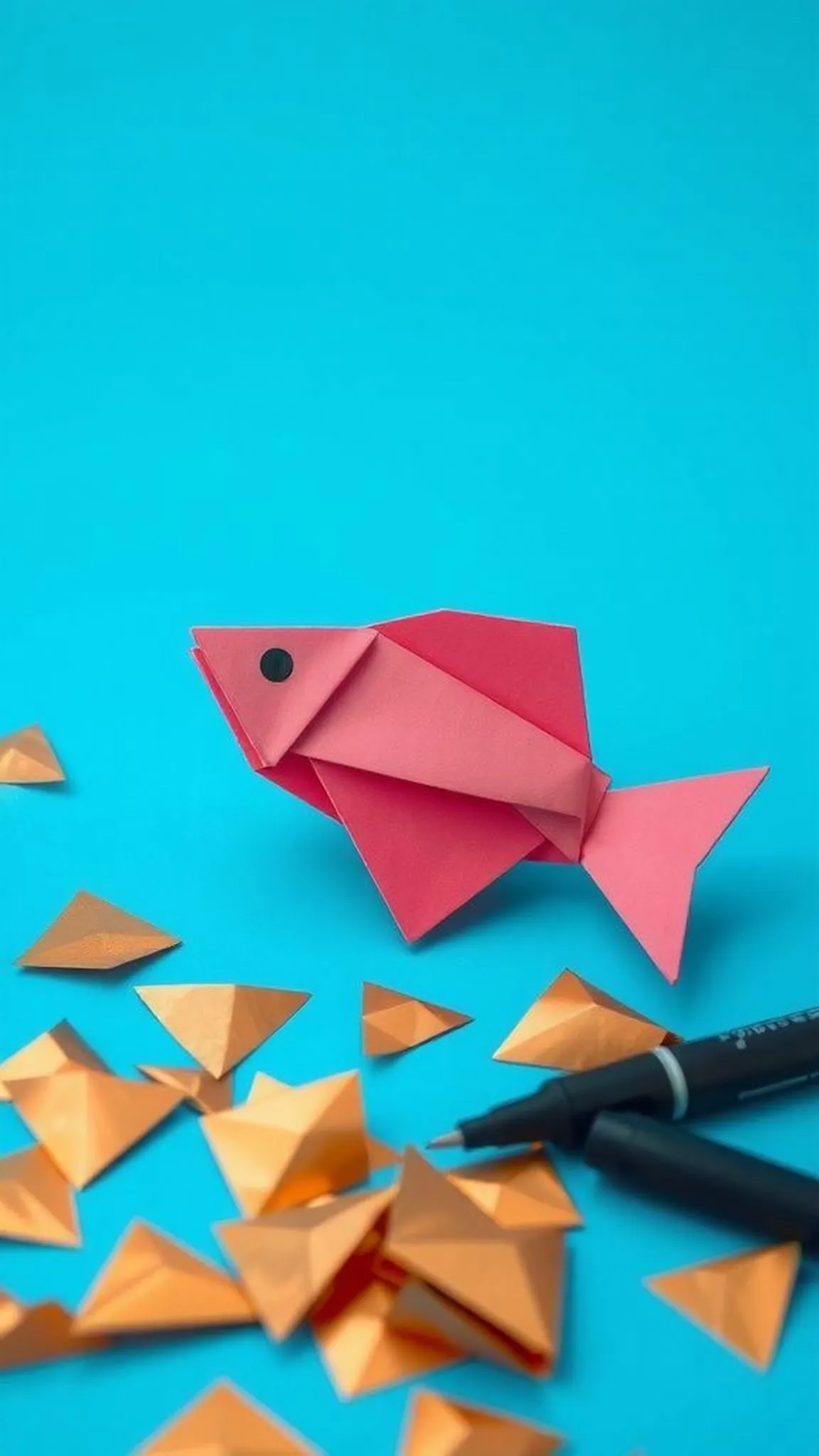 Bright origami fish with flowing tail and scales