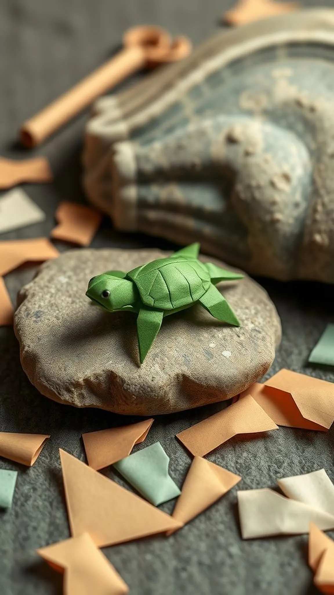 Tiny origami turtle with layered shell texture