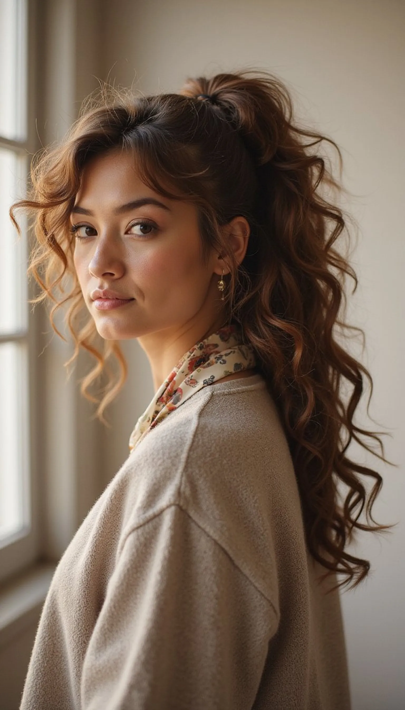 Curly Ponytail Tied With A Silk Scarf