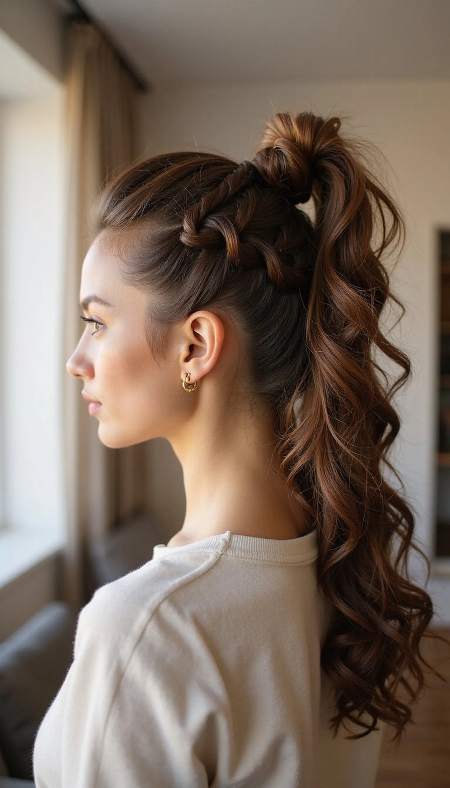 Half-Up Curly Ponytail With Twisted Crown