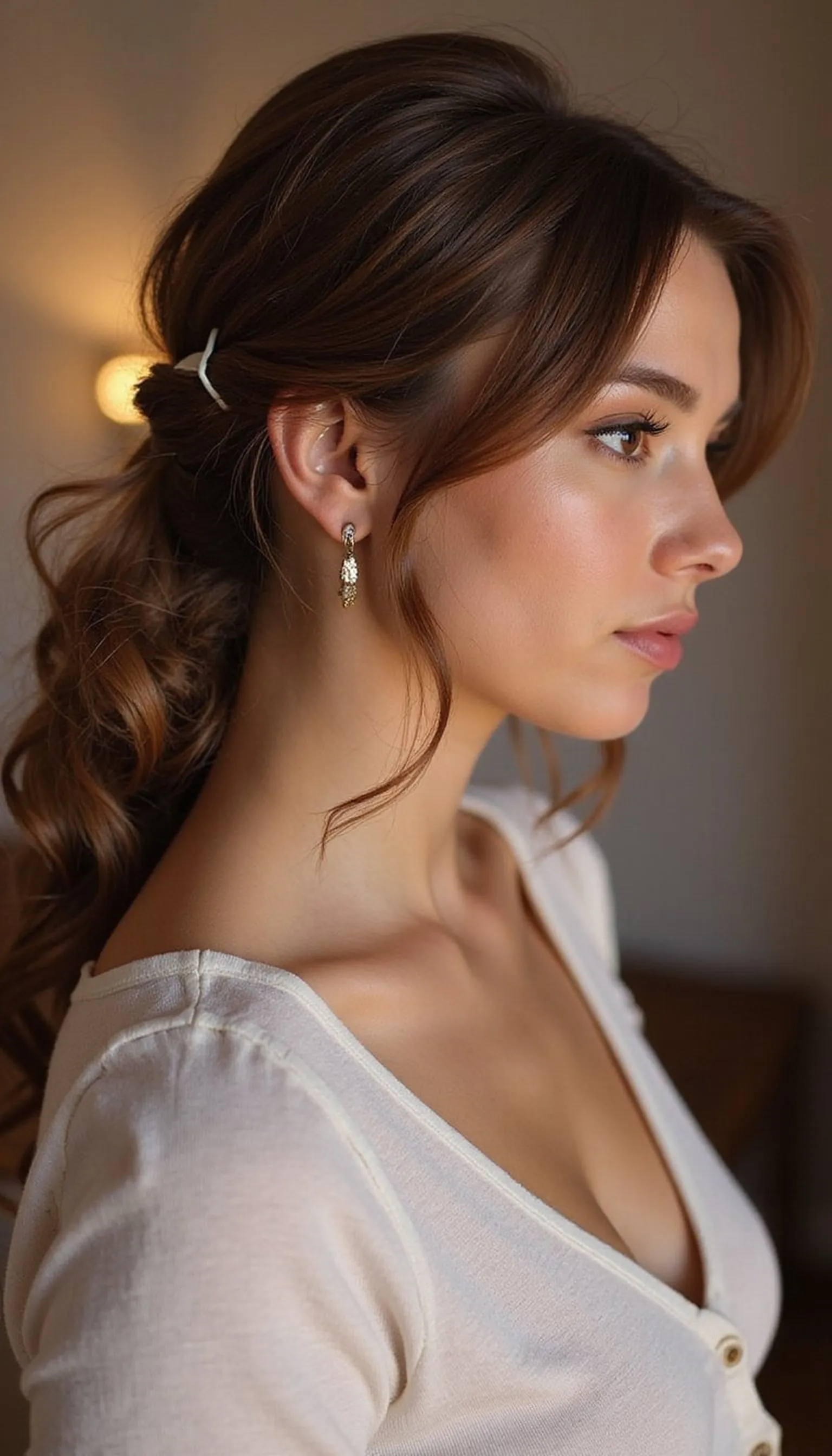 Low Romantic Curly Ponytail With Face-Framing Strands