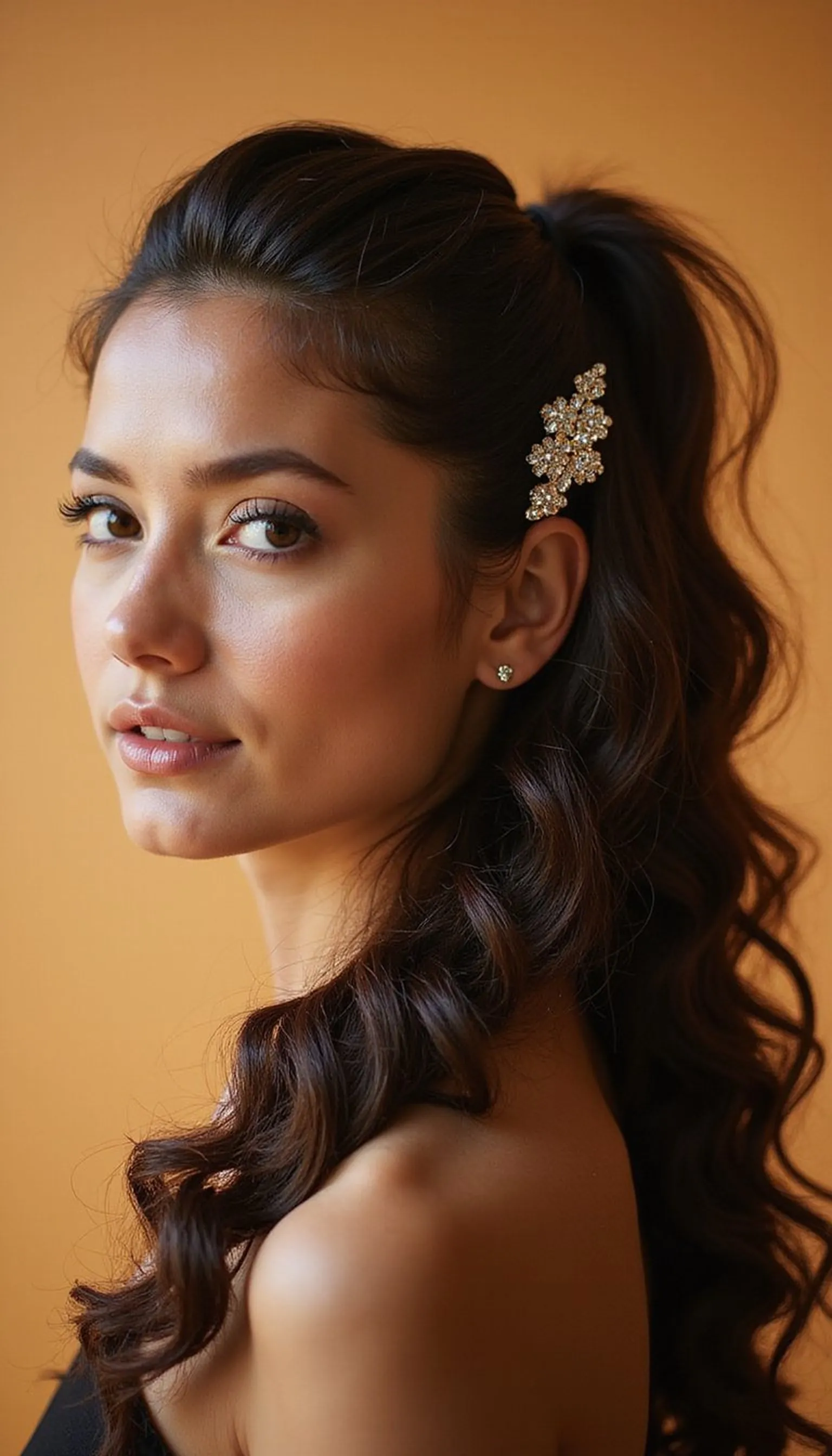 Side Swept Curly Ponytail For Glam