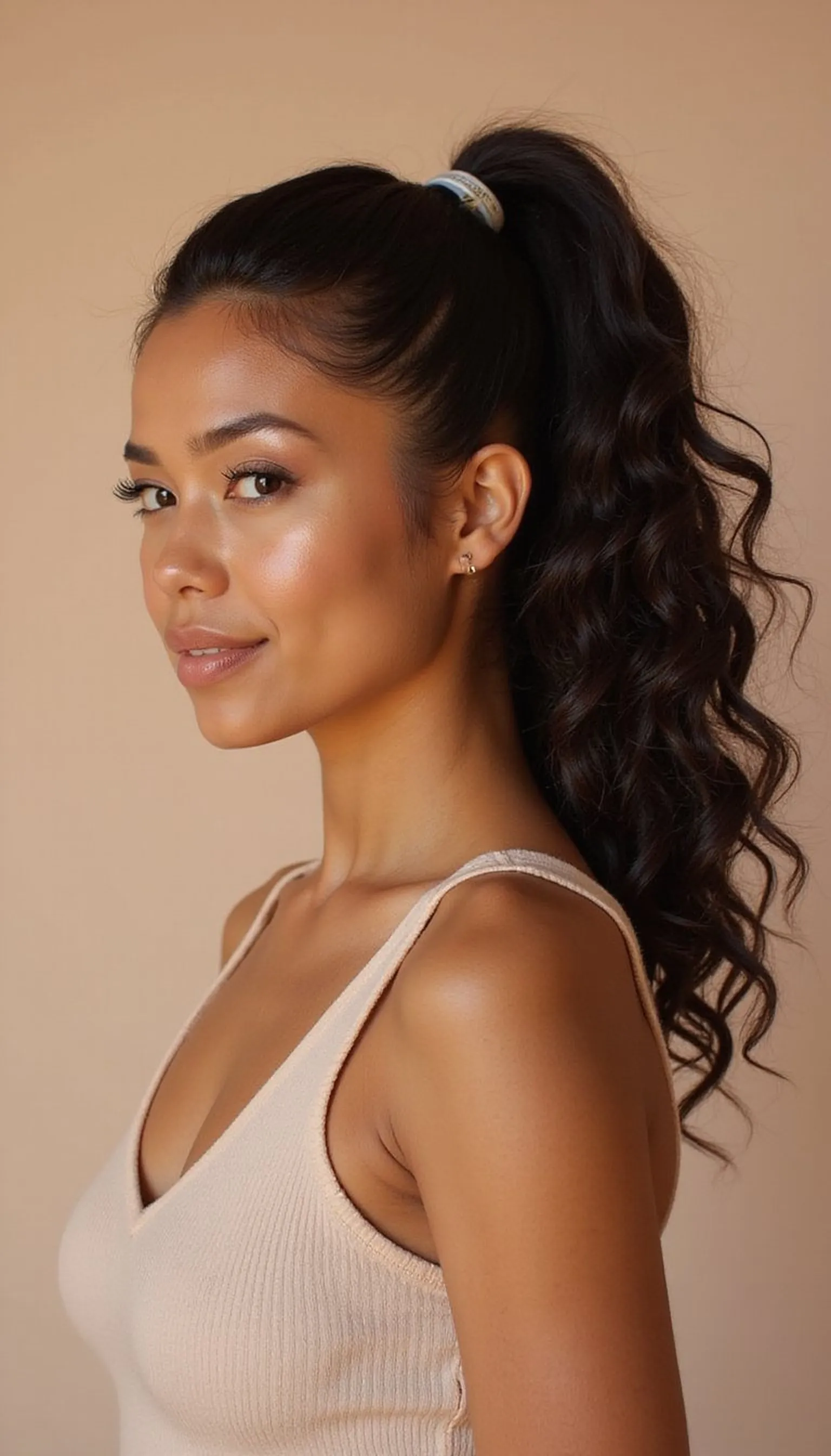 Sleek Low Curly Ponytail With Center Part