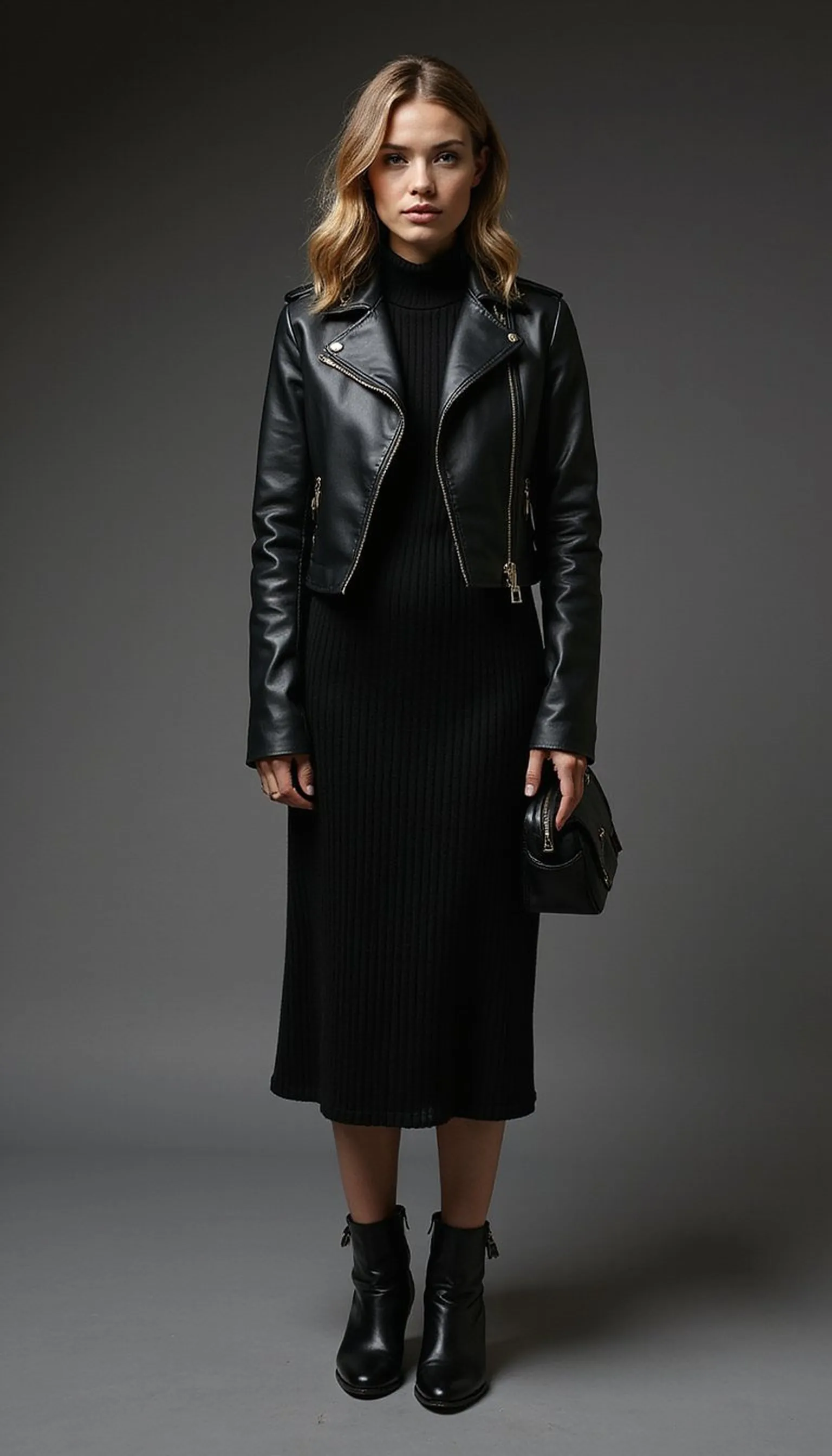 Leather jacket with knit dress - cool and refined