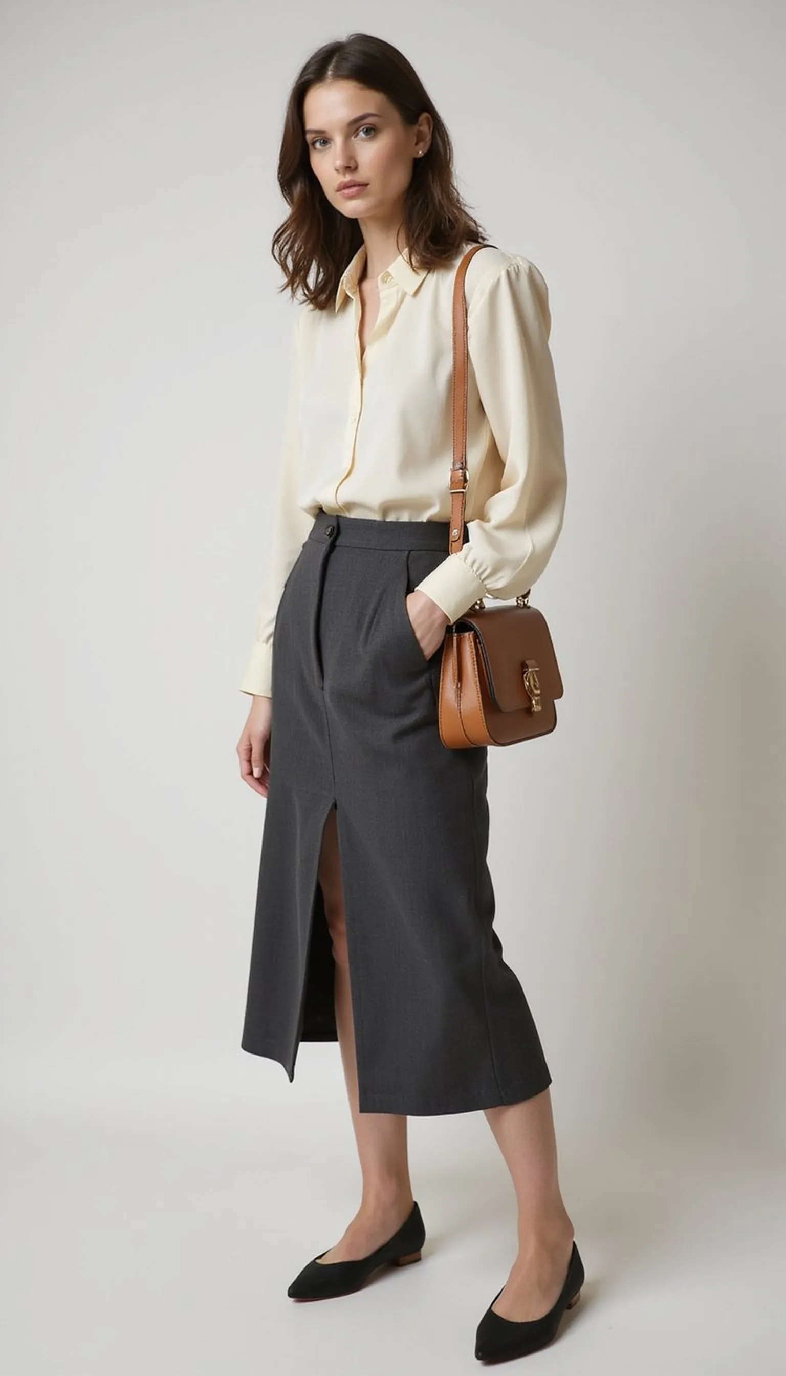 Silk blouse paired with a midi skirt