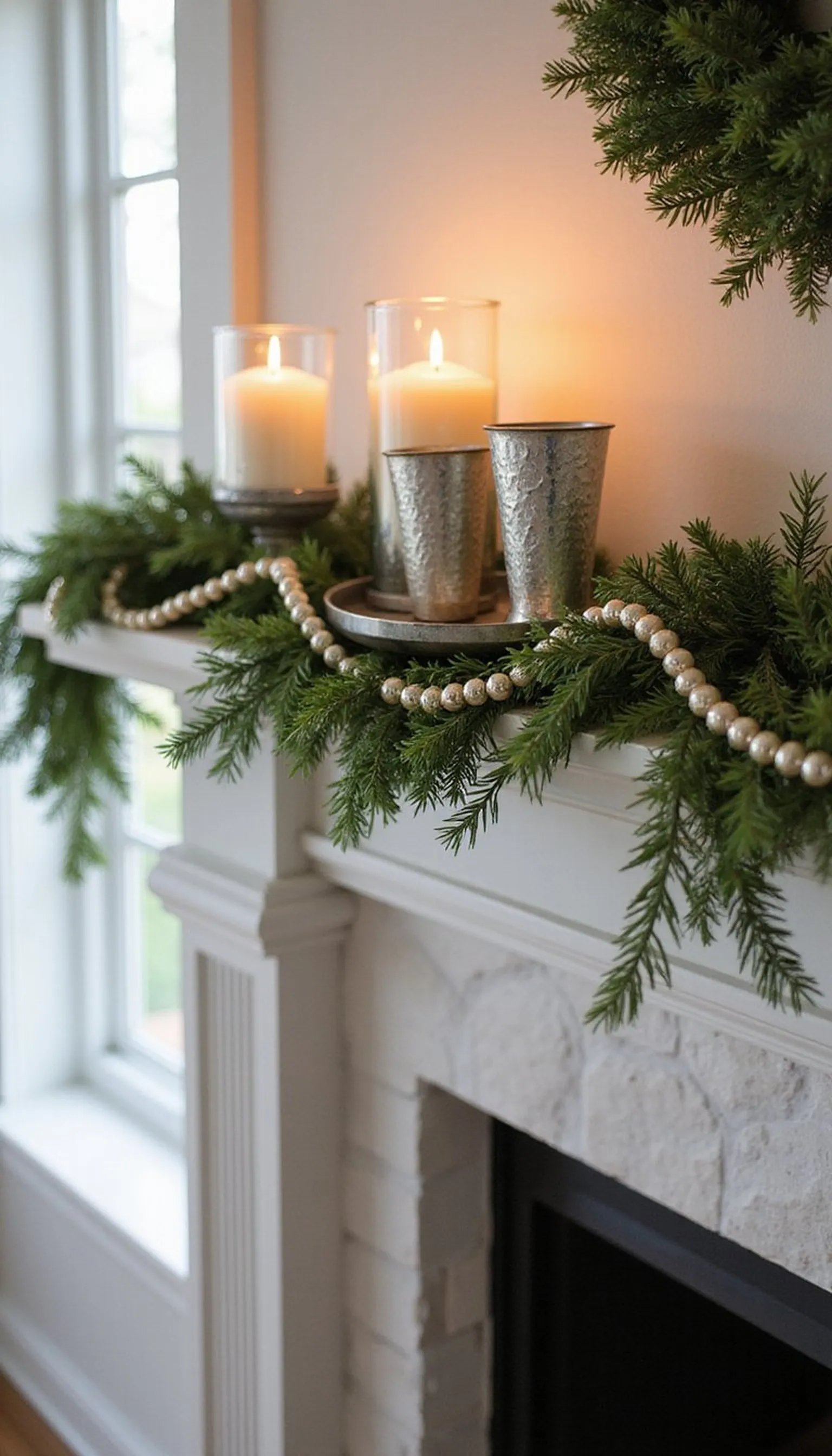 Beaded metallic garland with mercury glass votives