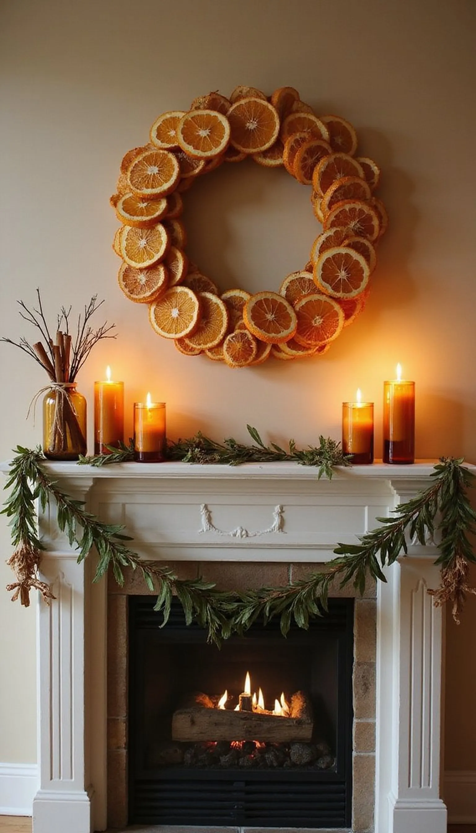 Citrus, cinnamon and glass votives for warmth