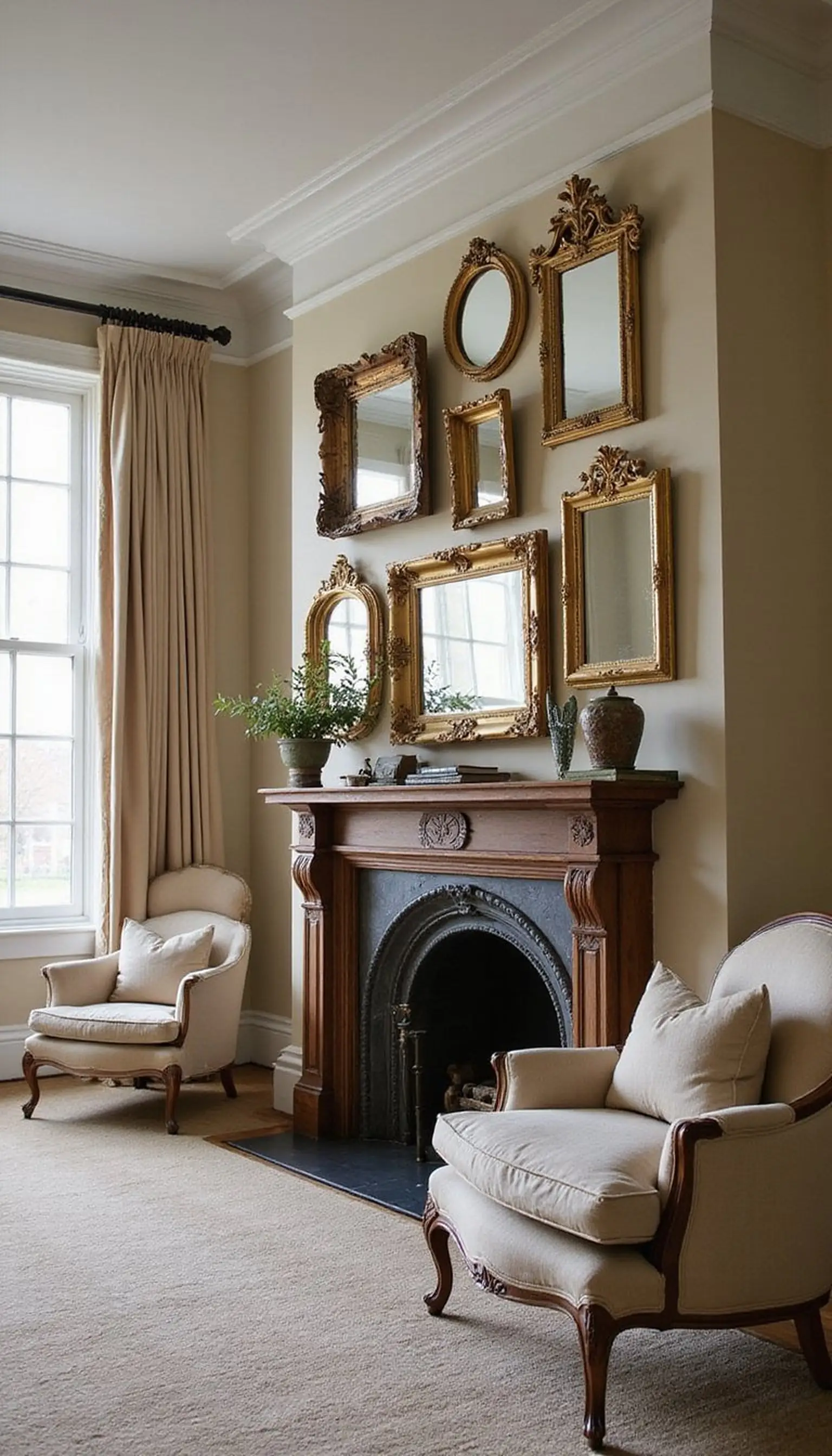 Antique mirror gallery above the fireplace