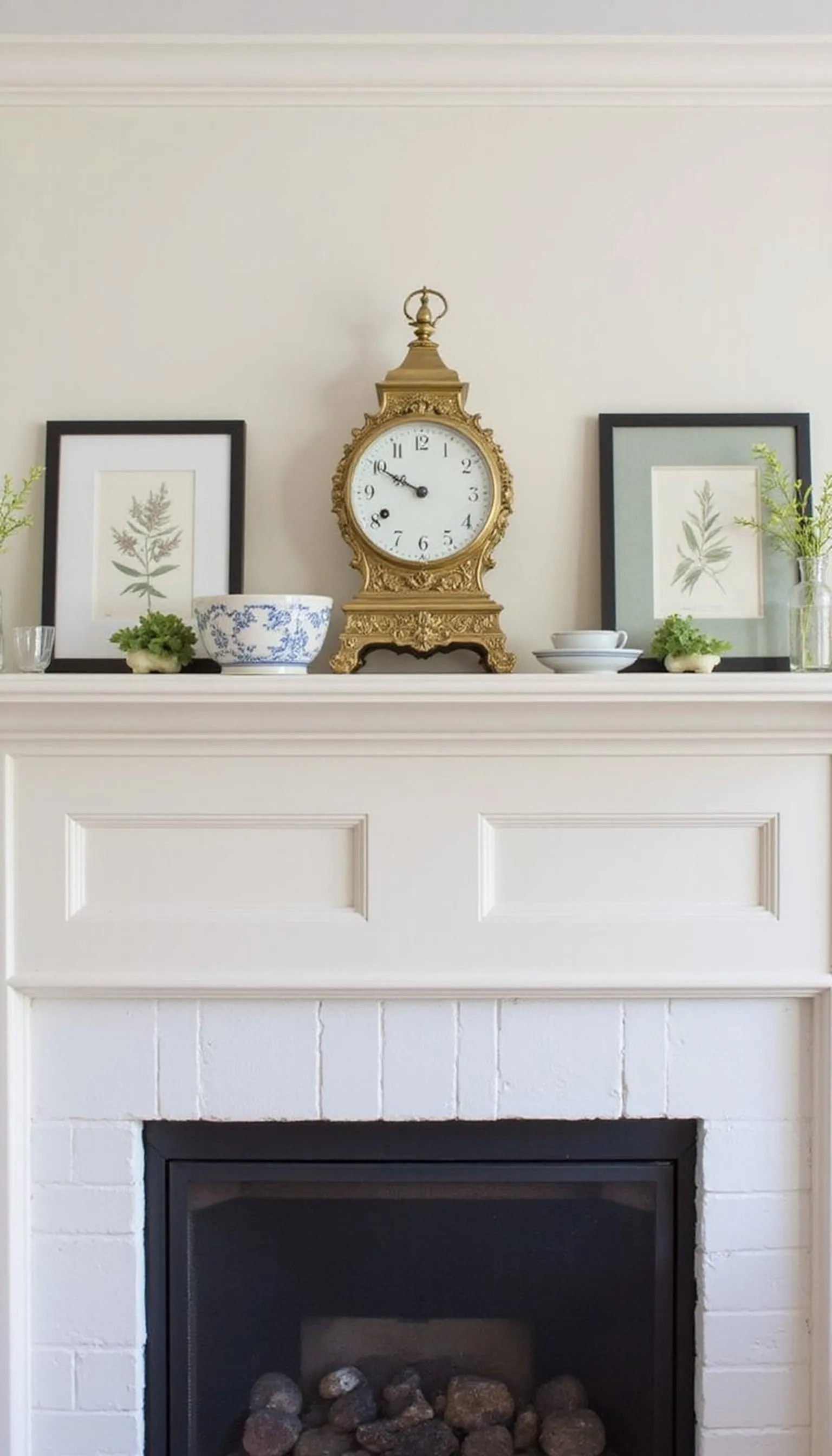 Curated mantel shelf with porcelain and brass